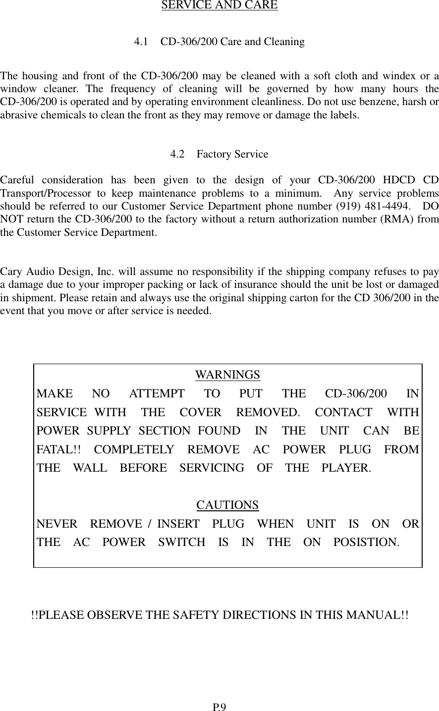 Page 10 of 12 - Cary-Audio-Design Cary-Audio-Design-Cd-200-Users-Manual- CD 306/200 Operating Manual  Cary-audio-design-cd-200-users-manual