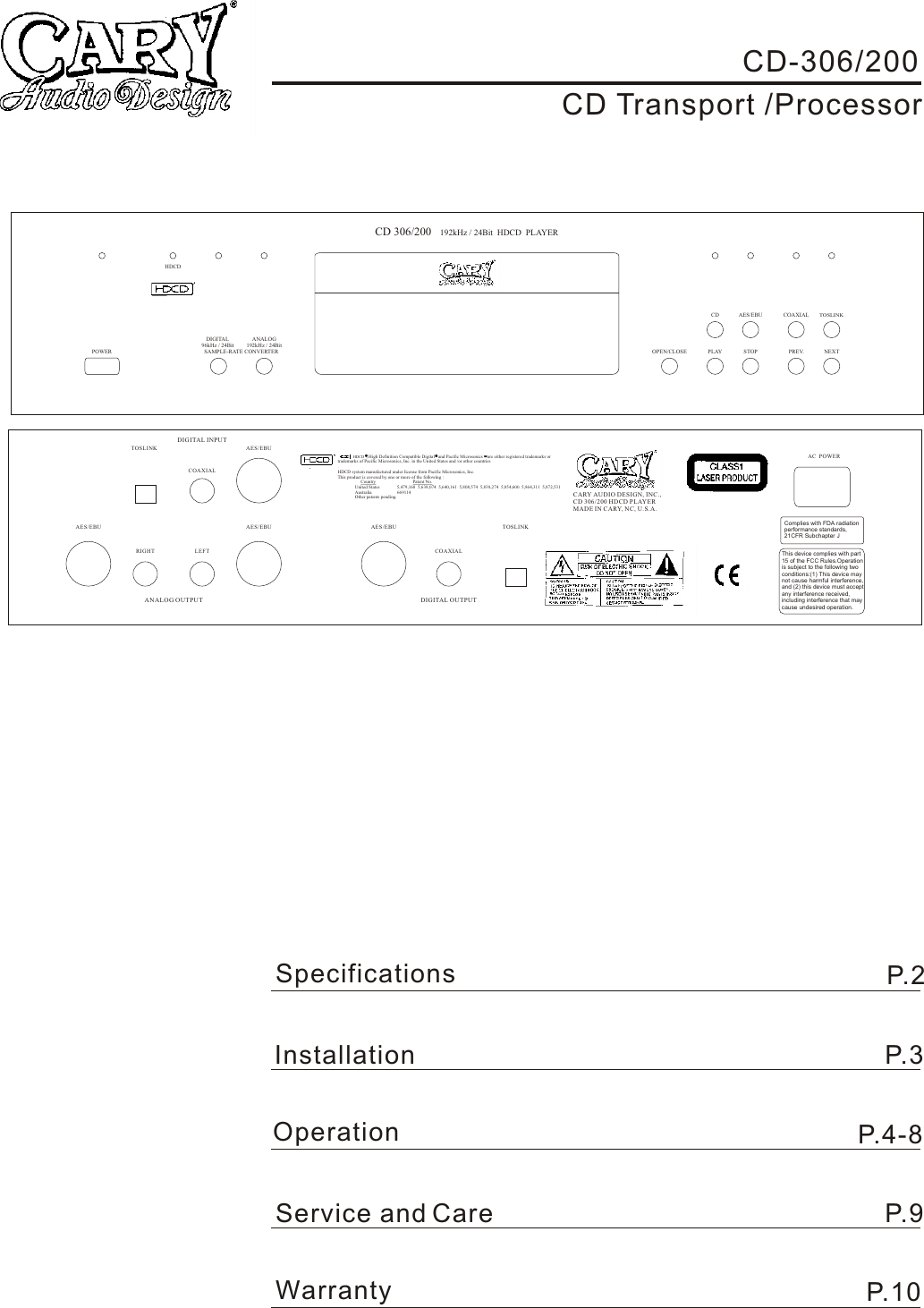 Page 2 of 12 - Cary-Audio-Design Cary-Audio-Design-Cd-200-Users-Manual- CD 306/200 Operating Manual  Cary-audio-design-cd-200-users-manual