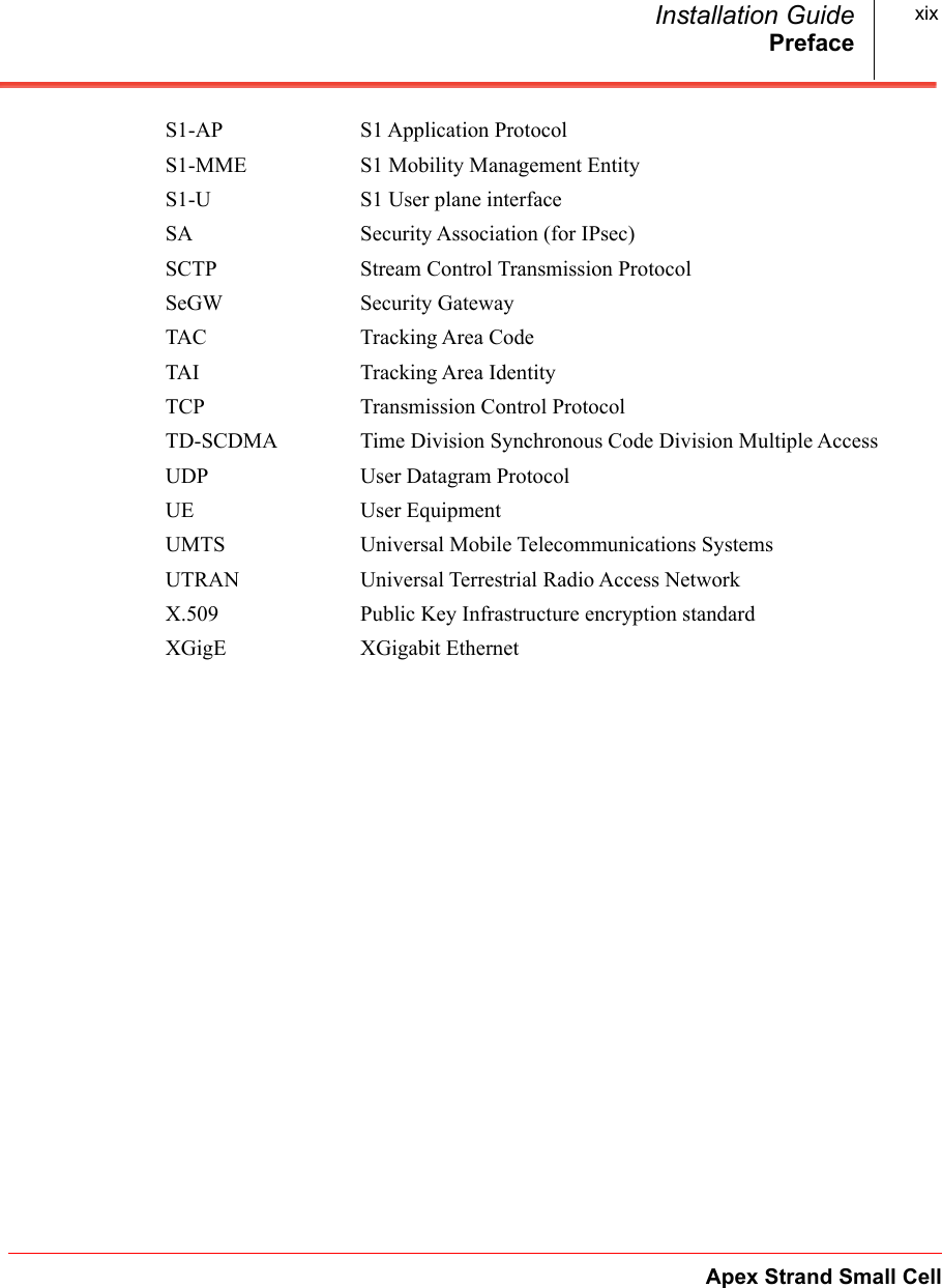 PrefaceApex Strand Small CellInstallation Guide xixS1-AP S1 Application ProtocolS1-MME S1 Mobility Management Entity S1-U S1 User plane interfaceSA Security Association (for IPsec)SCTP Stream Control Transmission ProtocolSeGW Security GatewayTAC Tracking Area CodeTAI Tracking Area IdentityTCP Transmission Control ProtocolTD-SCDMA Time Division Synchronous Code Division Multiple AccessUDP User Datagram ProtocolUE User EquipmentUMTS Universal Mobile Telecommunications SystemsUTRAN Universal Terrestrial Radio Access NetworkX.509 Public Key Infrastructure encryption standardXGigE XGigabit Ethernet