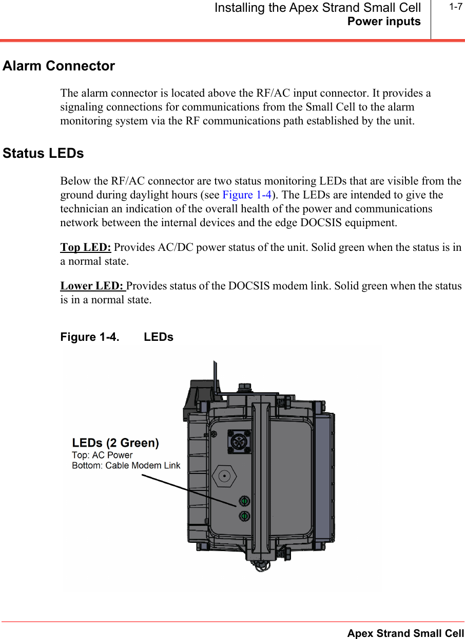 Power inputsApex Strand Small CellInstalling the Apex Strand Small Cell 1-7Alarm ConnectorThe alarm connector is located above the RF/AC input connector. It provides a signaling connections for communications from the Small Cell to the alarm monitoring system via the RF communications path established by the unit.Status LEDsBelow the RF/AC connector are two status monitoring LEDs that are visible from the ground during daylight hours (see Figure 1-4). The LEDs are intended to give the technician an indication of the overall health of the power and communications network between the internal devices and the edge DOCSIS equipment. Top LED: Provides AC/DC power status of the unit. Solid green when the status is in a normal state.Lower LED: Provides status of the DOCSIS modem link. Solid green when the status is in a normal state.Figure 1-4.   LEDs