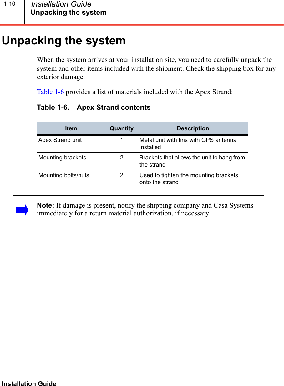 Unpacking the systemInstallation Guide  Installation Guide1-10Unpacking the systemWhen the system arrives at your installation site, you need to carefully unpack the system and other items included with the shipment. Check the shipping box for any exterior damage. Table 1-6 provides a list of materials included with the Apex Strand:Table 1-6. Apex Strand contents Item Quantity DescriptionApex Strand unit 1 Metal unit with fins with GPS antenna installedMounting brackets 2 Brackets that allows the unit to hang from the strandMounting bolts/nuts 2 Used to tighten the mounting brackets onto the strandNote: If damage is present, notify the shipping company and Casa Systems immediately for a return material authorization, if necessary.