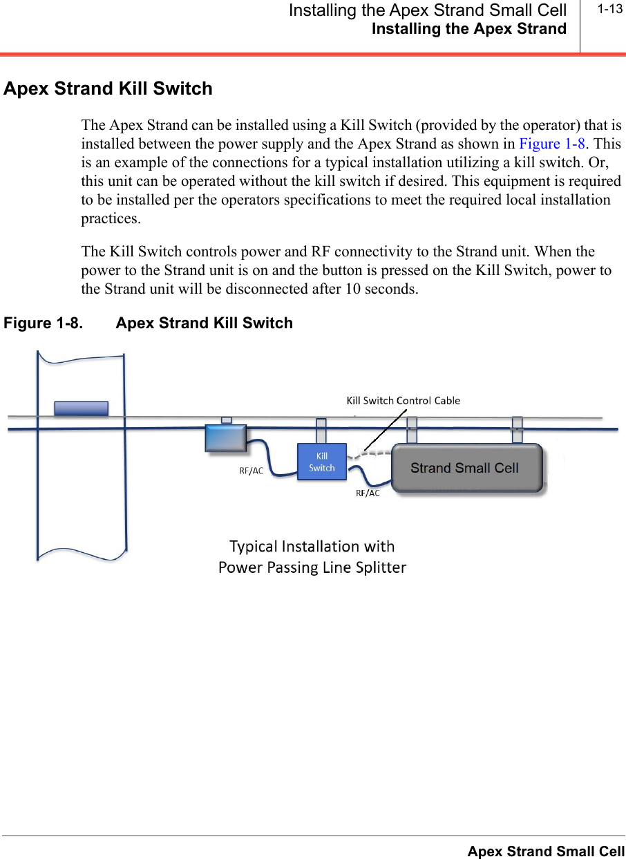 Installing the Apex StrandApex Strand Small CellInstalling the Apex Strand Small Cell 1-13Apex Strand Kill SwitchThe Apex Strand can be installed using a Kill Switch (provided by the operator) that is installed between the power supply and the Apex Strand as shown in Figure 1-8. This is an example of the connections for a typical installation utilizing a kill switch. Or, this unit can be operated without the kill switch if desired. This equipment is required to be installed per the operators specifications to meet the required local installation practices.The Kill Switch controls power and RF connectivity to the Strand unit. When the power to the Strand unit is on and the button is pressed on the Kill Switch, power to the Strand unit will be disconnected after 10 seconds. Figure 1-8.   Apex Strand Kill Switch