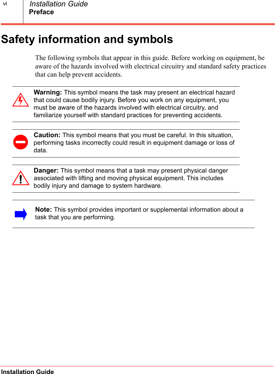 PrefaceInstallation Guide  Installation GuideviSafety information and symbolsThe following symbols that appear in this guide. Before working on equipment, be aware of the hazards involved with electrical circuitry and standard safety practices that can help prevent accidents. Warning: This symbol means the task may present an electrical hazard that could cause bodily injury. Before you work on any equipment, you must be aware of the hazards involved with electrical circuitry, and familiarize yourself with standard practices for preventing accidents.Caution: This symbol means that you must be careful. In this situation, performing tasks incorrectly could result in equipment damage or loss of data.Danger: This symbol means that a task may present physical danger associated with lifting and moving physical equipment. This includes bodily injury and damage to system hardware. Note: This symbol provides important or supplemental information about a task that you are performing. 