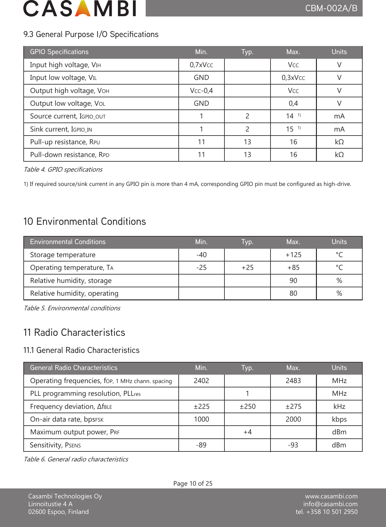 www.casambi.cominfo@casambi.comtel. +358 10 501 2950Casambi Technologies OyLinnoitustie 4 A02600 Espoo, FinlandCBM-002A/BMin.Input high voltage, VIHTyp. Units0,7xVCC VInput low voltage, VIL GND VOutput high voltage, VOH VCC-0,4 VOutput low voltage, VOL GND VGPIO Specications Max.VCC0,3xVCCVCC0,4Source current, IGPIO_OUT 12 mA14  1)Sink current, IGPIO_IN 12 mA15  1)Pull-up resistance, RPU 11 13 kΩ16Pull-down resistance, RPD 11 13 kΩ161) If required source/sink current in any GPIO pin is more than 4 mA, corresponding GPIO pin must be congured as high-drive.Table 4. GPIO specications11 Radio CharacteristicsMin.Operating frequencies, fOP, 1 MHz chann. spacingTyp. Units2402 MHzPLL programming resolution, PLLres 1 MHzFrequency deviation, ∆fBLE ±225 ±250 kHzOn-air data rate, bpsFSK 1000 kbpsGeneral Radio Characteristics Max.2483±275200011.1 General Radio CharacteristicsMin.Storage temperatureTyp. Units-40 °COperating temperature, TA-25 +25 °CRelative humidity, storage %Relative humidity, operating %Environmental Conditions Max.+125+859080Table 5. Environmental conditionsTable 6. General radio characteristicsPage 10 of 259.3 General Purpose I/O Specications10 Environmental ConditionsMaximum output power, PRF +4 dBmSensitivity, PSENS -89 dBm-93