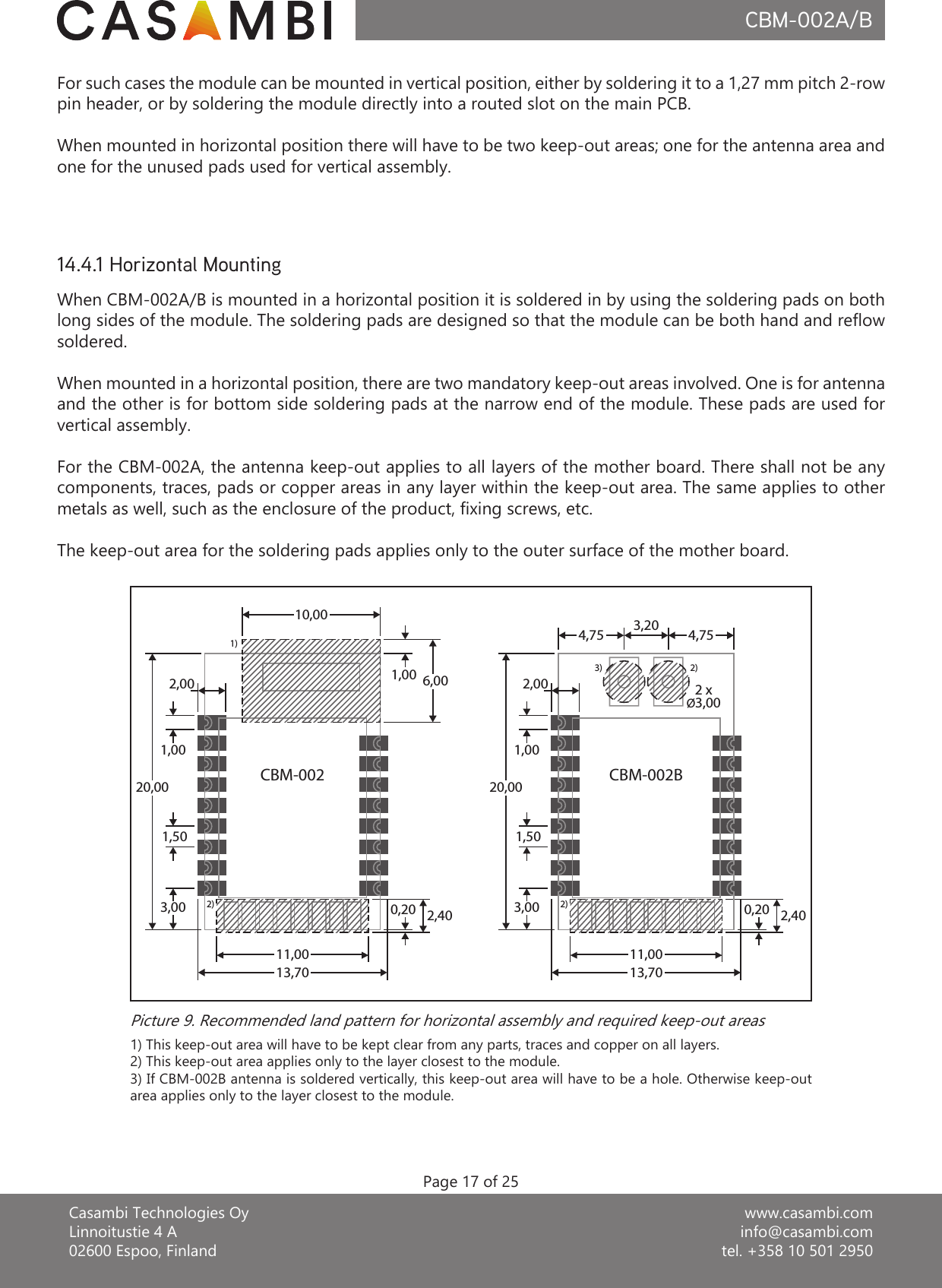 www.casambi.cominfo@casambi.comtel. +358 10 501 2950Casambi Technologies OyLinnoitustie 4 A02600 Espoo, FinlandCBM-002A/BPage 17 of 25When CBM-002A/B is mounted in a horizontal position it is soldered in by using the soldering pads on both long sides of the module. The soldering pads are designed so that the module can be both hand and reow soldered.When mounted in a horizontal position, there are two mandatory keep-out areas involved. One is for antenna and the other is for bottom side soldering pads at the narrow end of the module. These pads are used for vertical assembly.For the CBM-002A, the antenna keep-out applies to all layers of the mother board. There shall not be any components, traces, pads or copper areas in any layer within the keep-out area. The same applies to other metals as well, such as the enclosure of the product, xing screws, etc.The keep-out area for the soldering pads applies only to the outer surface of the mother board.14.4.1 Horizontal Mounting1) This keep-out area will have to be kept clear from any parts, traces and copper on all layers.2) This keep-out area applies only to the layer closest to the module.3) If CBM-002B antenna is soldered vertically, this keep-out area will have to be a hole. Otherwise keep-out area applies only to the layer closest to the module.Picture 9. Recommended land pattern for horizontal assembly and required keep-out areas2)11,002,402,001,001,503,0020,0013,700,201)10,001,00 6,002)11,002,402,001,001,503,0020,0013,700,204,75 4,753,202 x2)3)Ø3,00CBM-002 CBM-002BFor such cases the module can be mounted in vertical position, either by soldering it to a 1,27 mm pitch 2-row pin header, or by soldering the module directly into a routed slot on the main PCB.When mounted in horizontal position there will have to be two keep-out areas; one for the antenna area and one for the unused pads used for vertical assembly.
