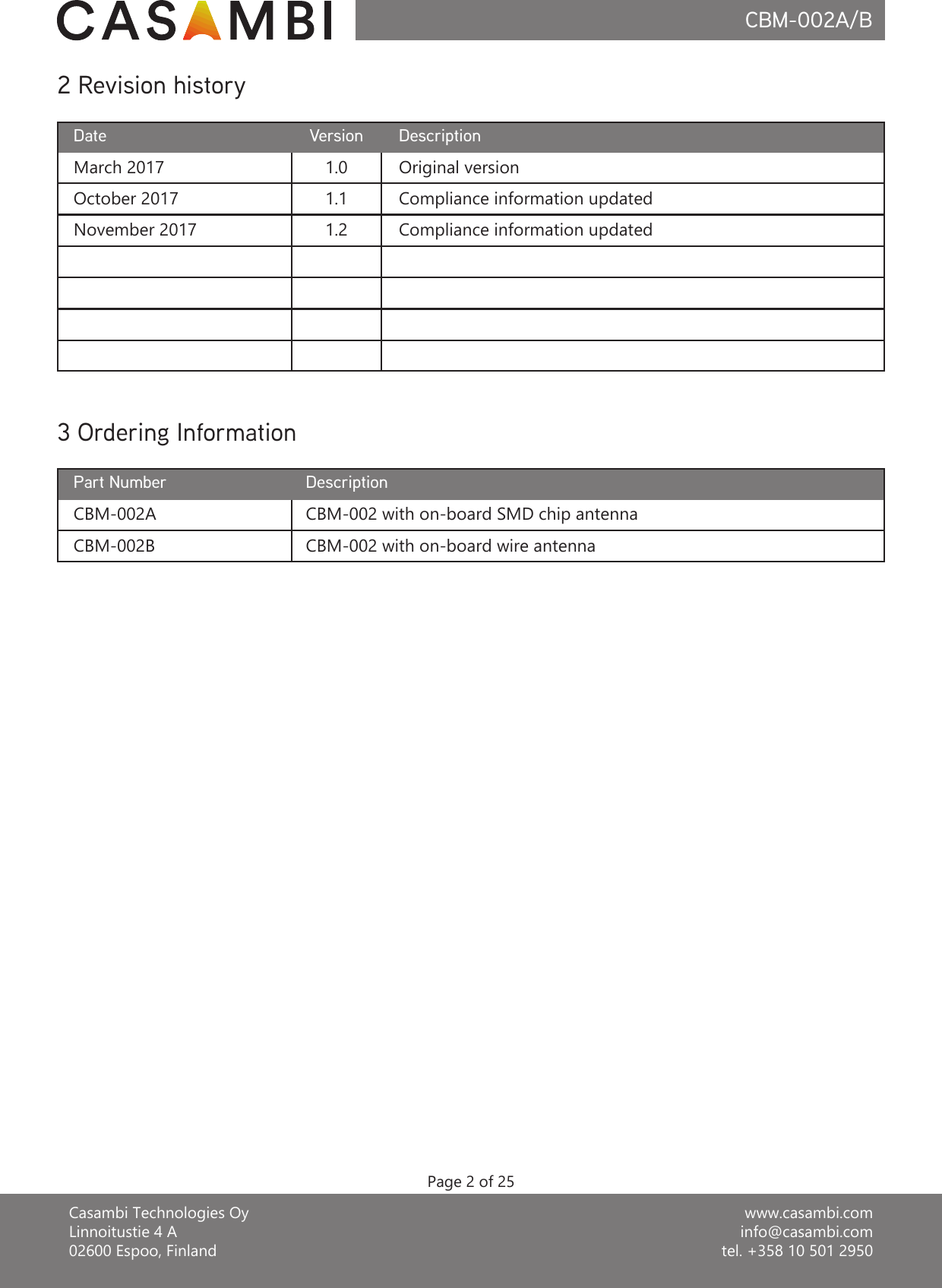 www.casambi.cominfo@casambi.comtel. +358 10 501 2950Casambi Technologies OyLinnoitustie 4 A02600 Espoo, FinlandCBM-002A/BVersionMarch 2017Description1.0 Original versionOctober 2017 1.1 Compliance information updatedNovember 2017 1.2 Compliance information updatedDate2 Revision historyPage 2 of 25CBM-002ADescriptionCBM-002 with on-board SMD chip antennaCBM-002B CBM-002 with on-board wire antennaPart Number3 Ordering Information