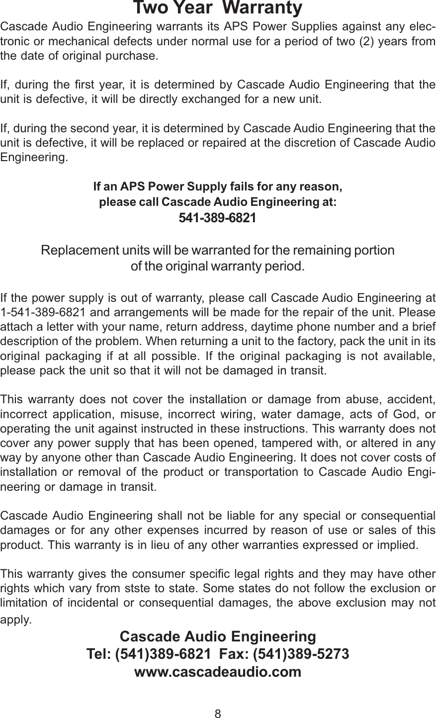 Cascade Audio Engineering Power Supply 100 Users Manual APS