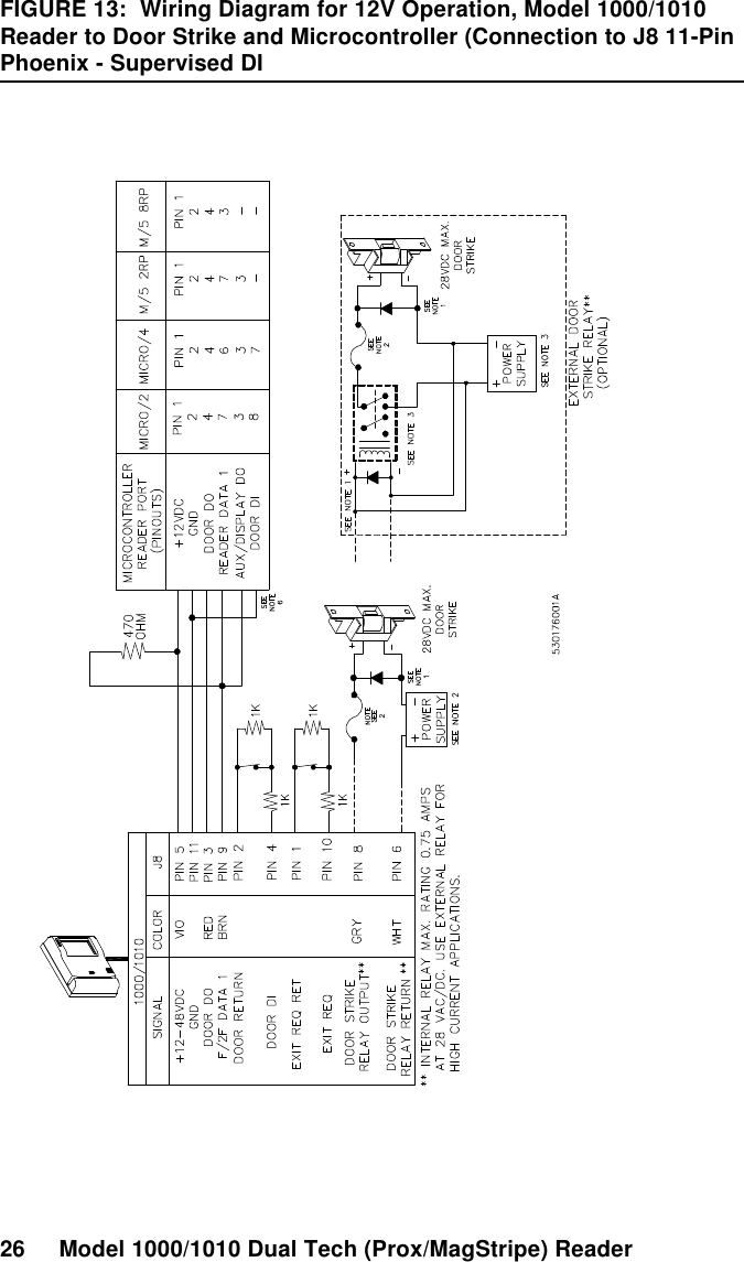 26 Model 1000/1010 Dual Tech (Prox/MagStripe) ReaderFIGURE 13:  Wiring Diagram for 12V Operation, Model 1000/1010 Reader to Door Strike and Microcontroller (Connection to J8 11-Pin Phoenix - Supervised DI