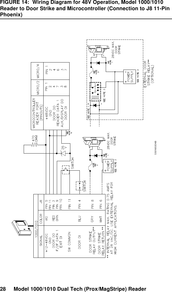 28 Model 1000/1010 Dual Tech (Prox/MagStripe) ReaderFIGURE 14:  Wiring Diagram for 48V Operation, Model 1000/1010 Reader to Door Strike and Microcontroller (Connection to J8 11-Pin Phoenix)