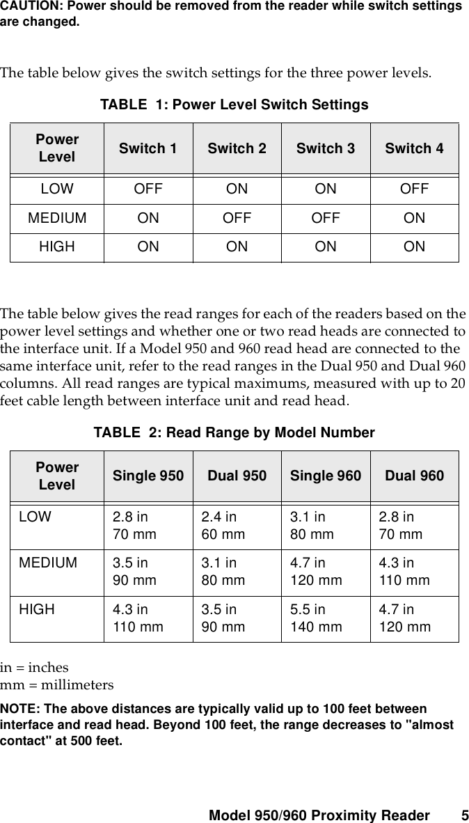 Model 950/960 ProximityReader 5CAUTION: Power should be removed from the reader while switch settingsare changed.The table below gives the switch settings for the three power levels.The table below gives the read ranges for each of the readers based on thepower level settings and whether one or two read heads are connected tothe interface unit. If a Model 950 and 960 read head are connected to thesame interface unit, refer to the read ranges in the Dual 950 and Dual 960columns. All read ranges are typical maximums, measured with up to 20feet cable length between interface unit and read head.in = inchesmm = millimetersNOTE: The above distances are typically valid up to 100 feet betweeninterface and read head. Beyond 100 feet, the range decreases to &quot;almostcontact&quot; at 500 feet.TABLE 1: Power Level Switch SettingsPowerLevel Switch 1 Switch 2 Switch 3 Switch 4LOW OFF ON ON OFFMEDIUM ON OFF OFF ONHIGH ON ON ON ONTABLE 2: Read Range by Model NumberPowerLevel Single 950 Dual 950 Single 960 Dual 960LOW 2.8 in70 mm 2.4 in60 mm 3.1 in80 mm 2.8 in70 mmMEDIUM 3.5 in90 mm 3.1 in80 mm 4.7 in120 mm 4.3 in110 mmHIGH 4.3 in110 mm 3.5 in90 mm 5.5 in140 mm 4.7 in120 mm