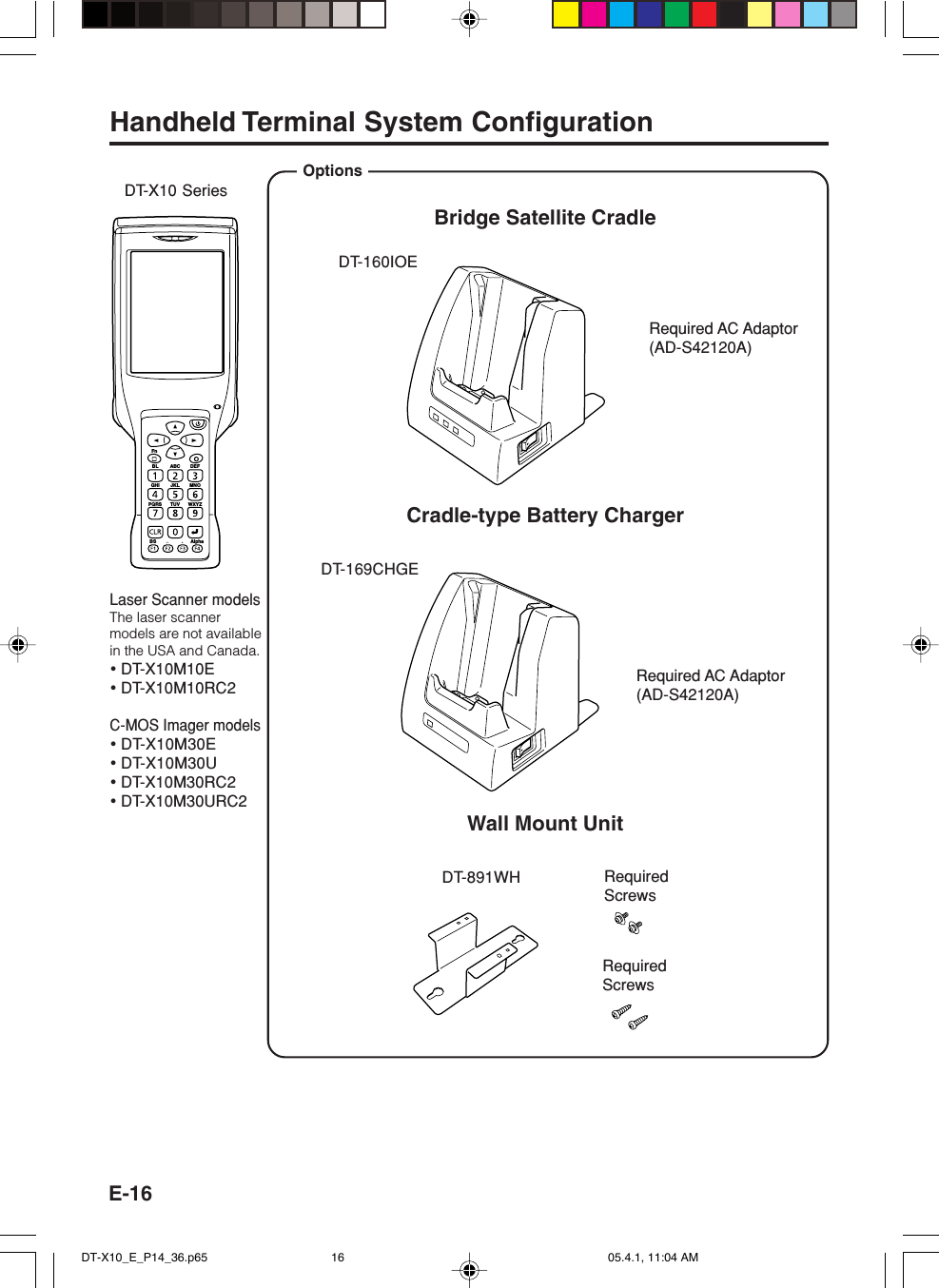 E-16Handheld Terminal System ConfigurationOptionsDT-X10 SeriesDT-160IOEBridge Satellite CradleRequired AC Adaptor(AD-S42120A)FnBL ABC DEFGHI JKL MNOPQRSBS AlphaTUV WXYZCradle-type Battery ChargerRequired AC Adaptor(AD-S42120A)DT-891WH RequiredScrewsRequiredScrewsDT-169CHGEWall Mount UnitLaser Scanner modelsThe laser scannermodels are not availablein the USA and Canada.&bull;DT-X10M10E&bull;DT-X10M10RC2C-MOS Imager models&bull;DT-X10M30E&bull;DT-X10M30U&bull;DT-X10M30RC2&bull;DT-X10M30URC2DT-X10_E_P14_36.p65 05.4.1, 11:04 AM16