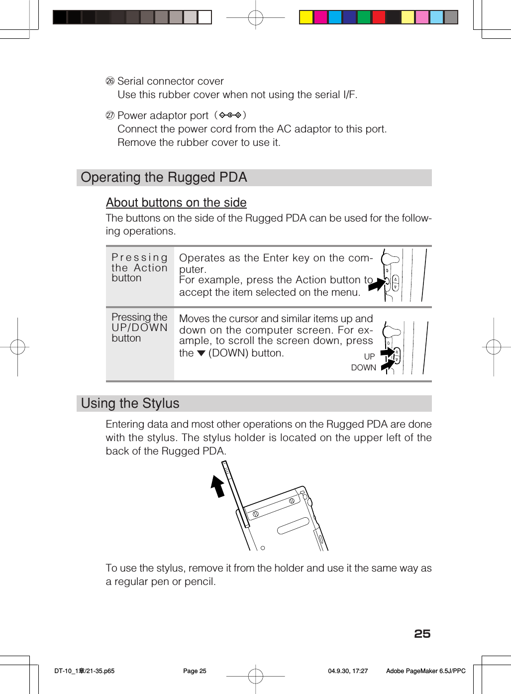 25@6 Serial connector coverUse this rubber cover when not using the serial I/F.@7 Power adaptor port（ ）Connect the power cord from the AC adaptor to this port.Remove the rubber cover to use it.UPDOWNOperating the Rugged PDAAbout buttons on the sideThe buttons on the side of the Rugged PDA can be used for the follow-ing operations.Operates as the Enter key on the com-puter.For example, press the Action button toaccept the item selected on the menu.Moves the cursor and similar items up anddown on the computer screen. For ex-ample, to scroll the screen down, pressthe ▼ (DOWN) button.Using the StylusEntering data and most other operations on the Rugged PDA are donewith the stylus. The stylus holder is located on the upper left of theback of the Rugged PDA.To use the stylus, remove it from the holder and use it the same way asa regular pen or pencil.Pressingthe ActionbuttonPressing theUP/DOWNbutton DT-10_1章/21-35.p65 04.9.30, 17:27Page 25 Adobe PageMaker 6.5J/PPC