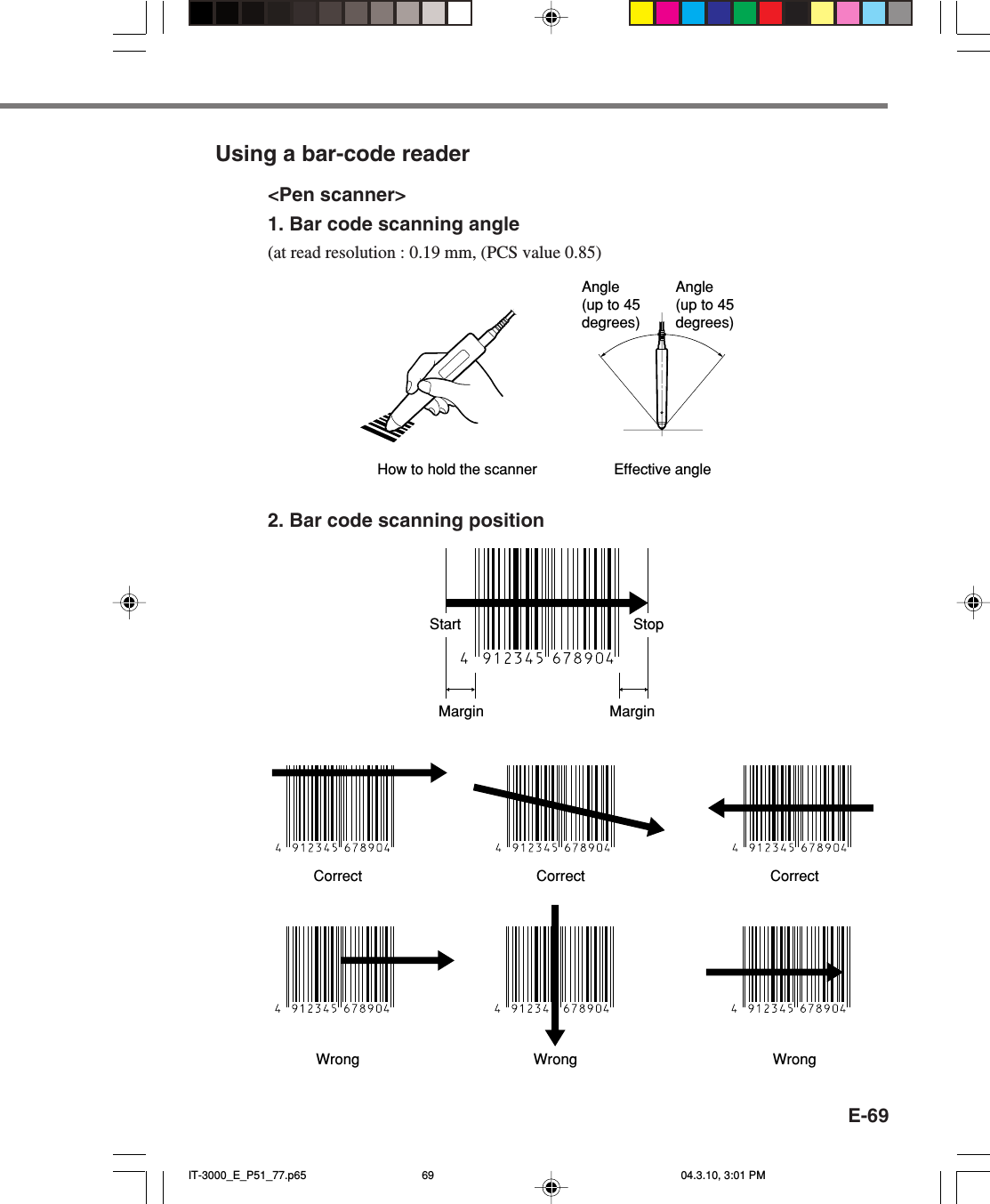 E-69Using a bar-code reader<Pen scanner>1. Bar code scanning angle(at read resolution : 0.19 mm, (PCS value 0.85)How to hold the scanner Effective angleAngle (up to 45 degrees)Angle (up to 45 degrees)2. Bar code scanning positionMarginCorrect Correct CorrectWrong Wrong WrongMarginStart StopIT-3000_E_P51_77.p65 04.3.10, 3:01 PM69