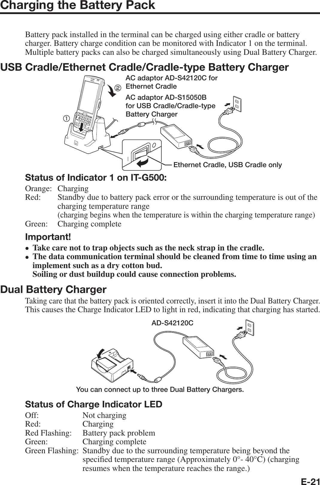 E-21Charging the Battery PackBattery pack installed in the terminal can be charged using either cradle or battery charger. Battery charge condition can be monitored with Indicator 1 on the terminal. Multiple battery packs can also be charged simultaneously using Dual Battery Charger. USB Cradle/Ethernet Cradle/Cradle-type Battery ChargerAC adaptor AD-S42120C for Ethernet CradleAC adaptor AD-S15050B for USB Cradle/Cradle-type Battery ChargerEthernet Cradle, USB Cradle onlyStatus of Indicator 1 on IT-G500:Orange:   ChargingRed:   Standby due to battery pack error or the surrounding temperature is out of the charging temperature range (charging begins when the temperature is within the charging temperature range)Green:   Charging completeImportant!Take care not to trap objects such as the neck strap in the cradle.The data communication terminal should be cleaned from time to time using an implement such as a dry cotton bud.Soiling or dust buildup could cause connection problems.Dual Battery ChargerTaking care that the battery pack is oriented correctly, insert it into the Dual Battery Charger.This causes the Charge Indicator LED to light in red, indicating that charging has started.AD-S42120CYou can connect up to three Dual Battery Chargers.Status of Charge Indicator LEDOff: Not chargingRed: ChargingRed Flashing:  Battery pack problemGreen: Charging completeGreen Flashing:  Standby due to the surrounding temperature being beyond the speci¿ ed temperature range (Approximately 0°- 40°C) (charging resumes when the temperature reaches the range.)••