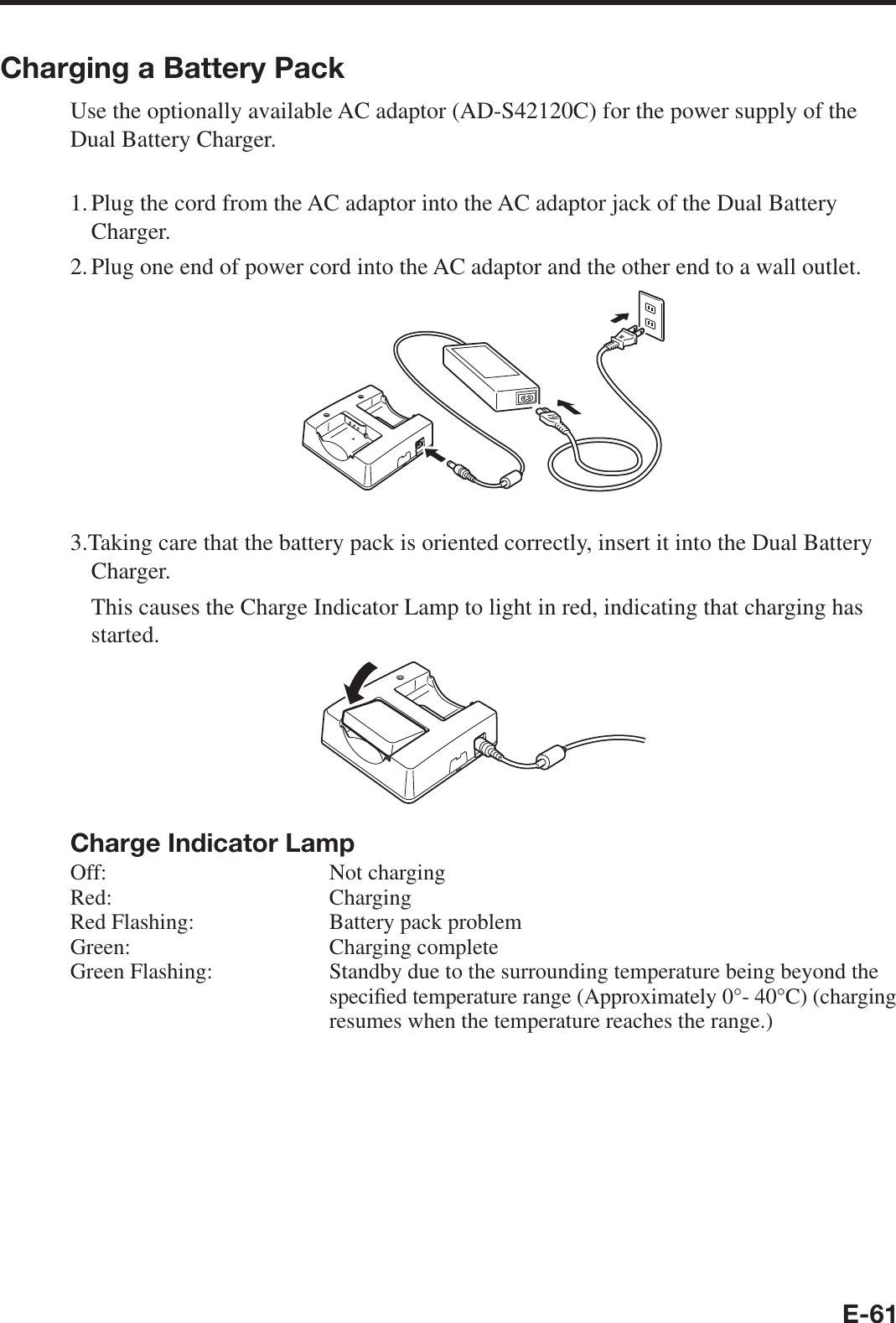 E-61Charging a Battery PackUse the optionally available AC adaptor (AD-S42120C) for the power supply of the Dual Battery Charger.1. Plug the cord from the AC adaptor into the AC adaptor jack of the Dual Battery Charger.2. Plug one end of power cord into the AC adaptor and the other end to a wall outlet.3.Taking care that the battery pack is oriented correctly, insert it into the Dual Battery Charger.  This causes the Charge Indicator Lamp to light in red, indicating that charging has started.Charge Indicator LampOff: Not chargingRed: ChargingRed Flashing:  Battery pack problemGreen: Charging completeGreen Flashing:   Standby due to the surrounding temperature being beyond the speci¿ ed temperature range (Approximately 0°- 40°C) (charging resumes when the temperature reaches the range.)