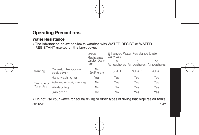 E-21 Operating PrecautionsWater Resistance  The information below applies to watches with WATER RESIST or WATER RESISTANT marked on the back cover. Water Resistance Under Daily UseEnhanced Water Resistance Under Daily Use5 Atmospheres10 Atmospheres20 AtmospheresMarking On watch front or on back coverNo BAR mark 5BAR 10BAR 20BARExample of Daily UseHand washing, rain Yes Yes Yes YesWater-related work, swimmingNo Yes Yes YesWindsurfing No No Yes YesSkin diving No No Yes Yes  Do not use your watch for scuba diving or other types of diving that requires air tanks.OPUM-E