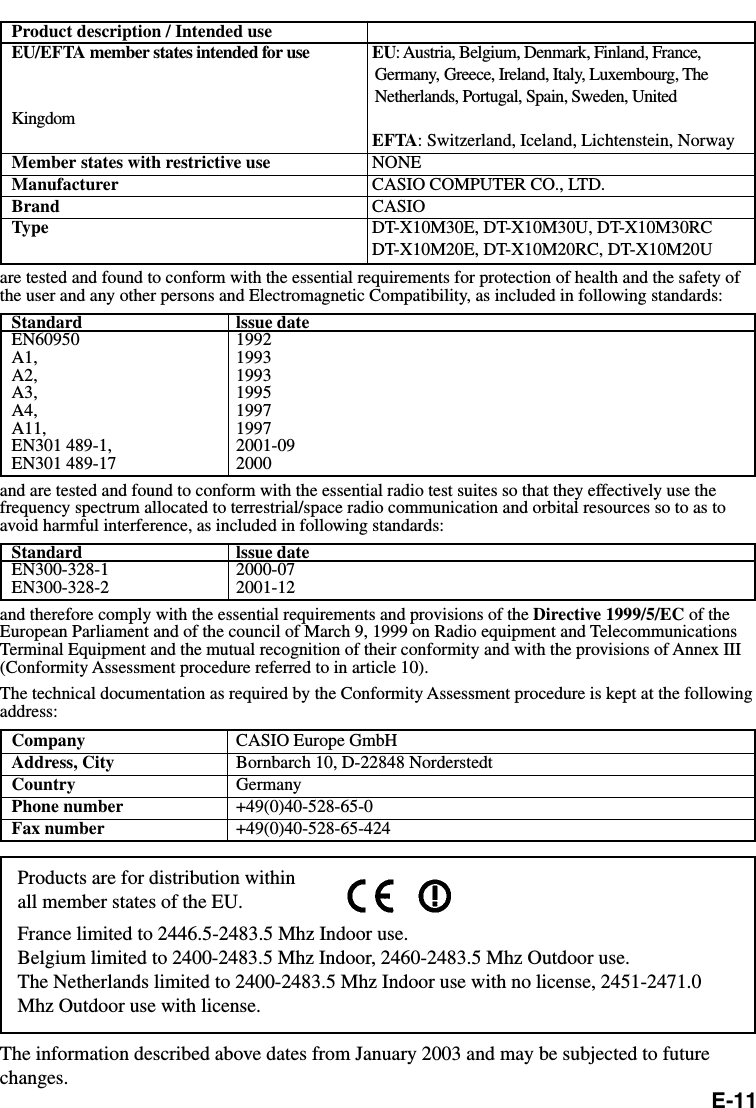 E-11Product description / Intended useEU/EFTA member states intended for use EU: Austria, Belgium, Denmark, Finland, France,Germany, Greece, Ireland, Italy, Luxembourg, TheNetherlands, Portugal, Spain, Sweden, UnitedKingdomEFTA: Switzerland, Iceland, Lichtenstein, NorwayMember states with restrictive use NONEManufacturer CASIO COMPUTER CO., LTD.Brand CASIOType DT-X10M30E, DT-X10M30U, DT-X10M30RCDT-X10M20E, DT-X10M20RC, DT-X10M20Uare tested and found to conform with the essential requirements for protection of health and the safety ofthe user and any other persons and Electromagnetic Compatibility, as included in following standards:Standard lssue dateEN60950 1992A1, 1993A2, 1993A3, 1995A4, 1997A11, 1997EN301 489-1, 2001-09EN301 489-17 2000and are tested and found to conform with the essential radio test suites so that they effectively use thefrequency spectrum allocated to terrestrial/space radio communication and orbital resources so to as toavoid harmful interference, as included in following standards:Standard lssue dateEN300-328-1 2000-07EN300-328-2 2001-12and therefore comply with the essential requirements and provisions of the Directive 1999/5/EC of theEuropean Parliament and of the council of March 9, 1999 on Radio equipment and TelecommunicationsTerminal Equipment and the mutual recognition of their conformity and with the provisions of Annex III(Conformity Assessment procedure referred to in article 10).The technical documentation as required by the Conformity Assessment procedure is kept at the followingaddress:Company CASIO Europe GmbHAddress, City Bornbarch 10, D-22848 NorderstedtCountry GermanyPhone number +49(0)40-528-65-0Fax number +49(0)40-528-65-424Products are for distribution withinall member states of the EU.France limited to 2446.5-2483.5 Mhz Indoor use.Belgium limited to 2400-2483.5 Mhz Indoor, 2460-2483.5 Mhz Outdoor use.The Netherlands limited to 2400-2483.5 Mhz Indoor use with no license, 2451-2471.0Mhz Outdoor use with license.The information described above dates from January 2003 and may be subjected to futurechanges.