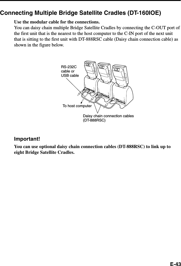 E-43Connecting Multiple Bridge Satellite Cradles (DT-160IOE)Use the modular cable for the connections.You can daisy chain multiple Bridge Satellite Cradles by connecting the C-OUT port ofthe first unit that is the nearest to the host computer to the C-IN port of the next unitthat is sitting to the first unit with DT-888RSC cable (Daisy chain connection cable) asshown in the figure below.To host computerDaisy chain connection cables(DT-888RSC)RS-232C cable or USB cableImportant!You can use optional daisy chain connection cables (DT-888RSC) to link up toeight Bridge Satellite Cradles.