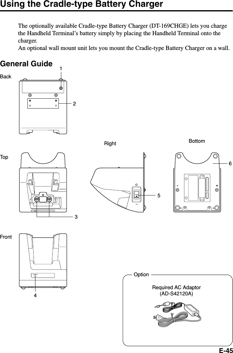 E-45Using the Cradle-type Battery ChargerThe optionally available Cradle-type Battery Charger (DT-169CHGE) lets you chargethe Handheld Terminal’s battery simply by placing the Handheld Terminal onto thecharger.An optional wall mount unit lets you mount the Cradle-type Battery Charger on a wall.General GuideBackTopFrontRight Bottom135426OptionRequired AC Adaptor(AD-S42120A)