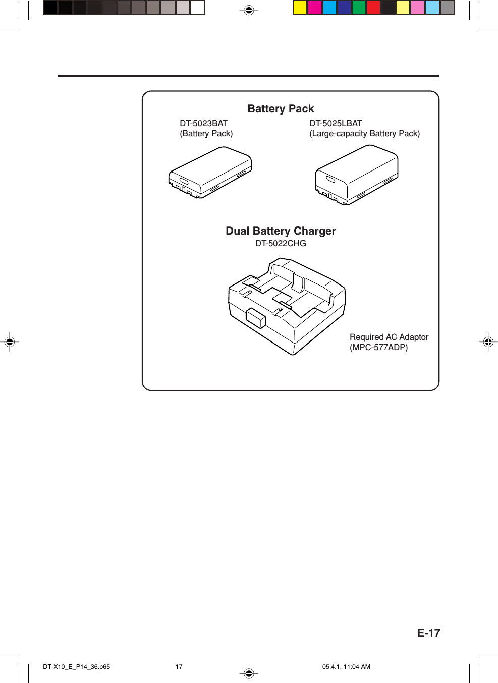 E-17DT-5023BAT(Battery Pack)DT-5025LBAT(Large-capacity Battery Pack)Dual Battery ChargerDT-5022CHGBattery PackRequired AC Adaptor(MPC-577ADP)DT-X10_E_P14_36.p65 05.4.1, 11:04 AM17