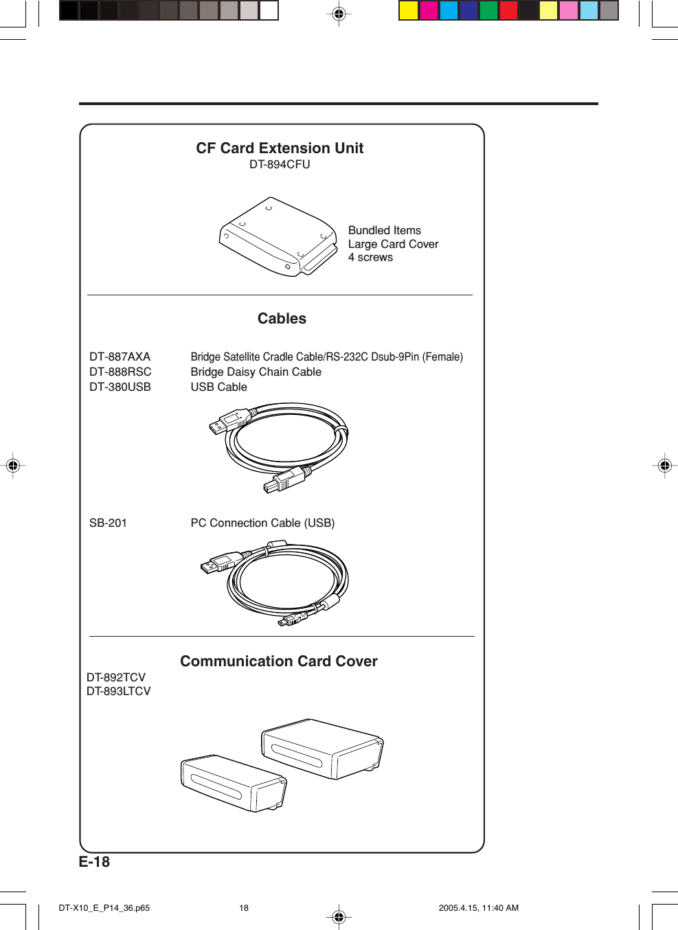 E-18CablesBridge Satellite Cradle Cable/RS-232C Dsub-9Pin (Female)Bridge Daisy Chain CableUSB CablePC Connection Cable (USB)DT-887AXADT-888RSCDT-380USBSB-201CF Card Extension UnitDT-894CFUBundled ItemsLarge Card Cover4 screwsCommunication Card CoverDT-892TCVDT-893LTCVDT-X10_E_P14_36.p65 2005.4.15, 11:40 AM18