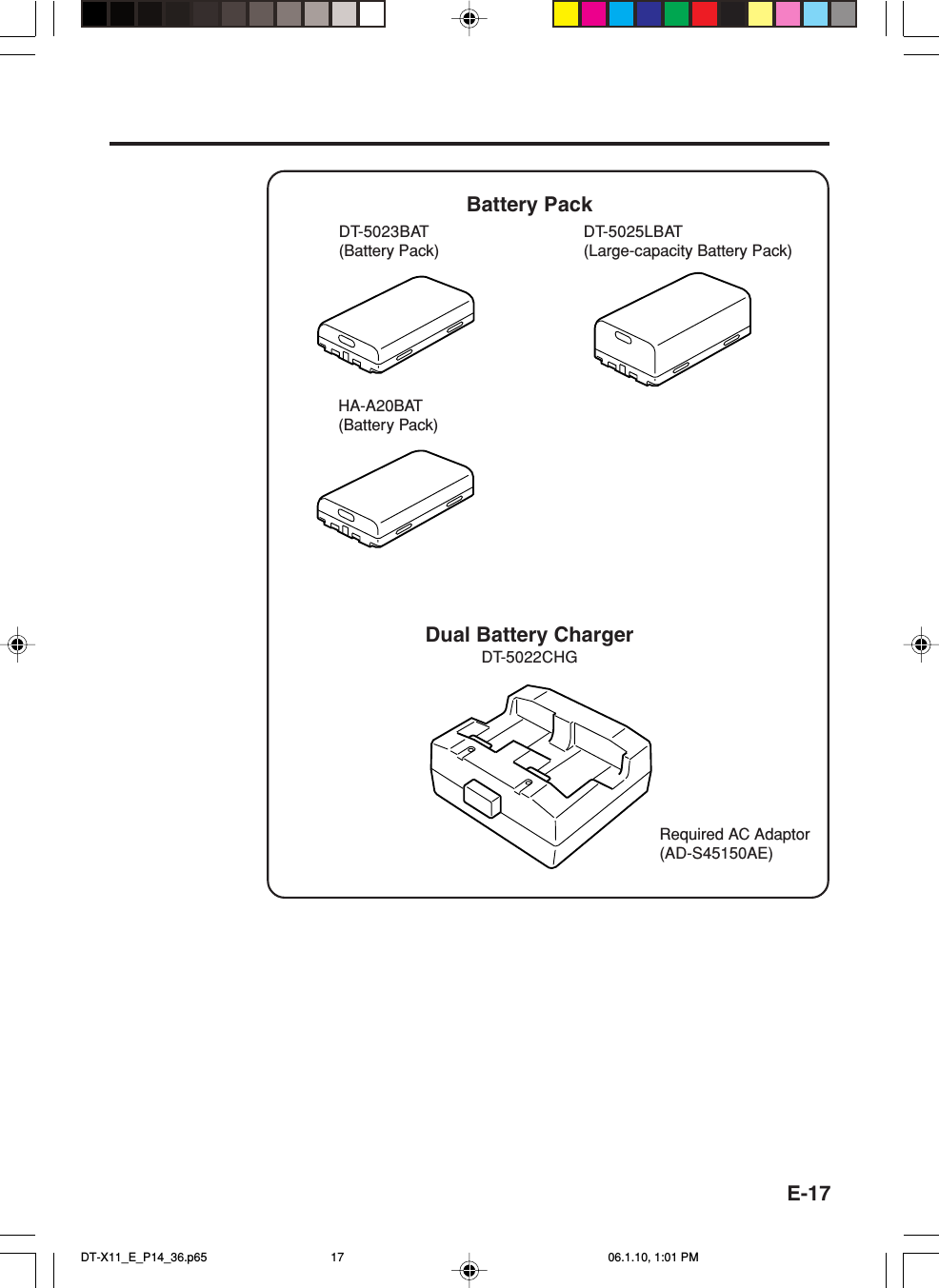 E-17DT-5023BAT(Battery Pack)DT-5025LBAT(Large-capacity Battery Pack)Dual Battery ChargerDT-5022CHGBattery PackRequired AC Adaptor(AD-S45150AE)HA-A20BAT(Battery Pack)DT-X11_E_P14_36.p65 06.1.10, 1:01 PM17