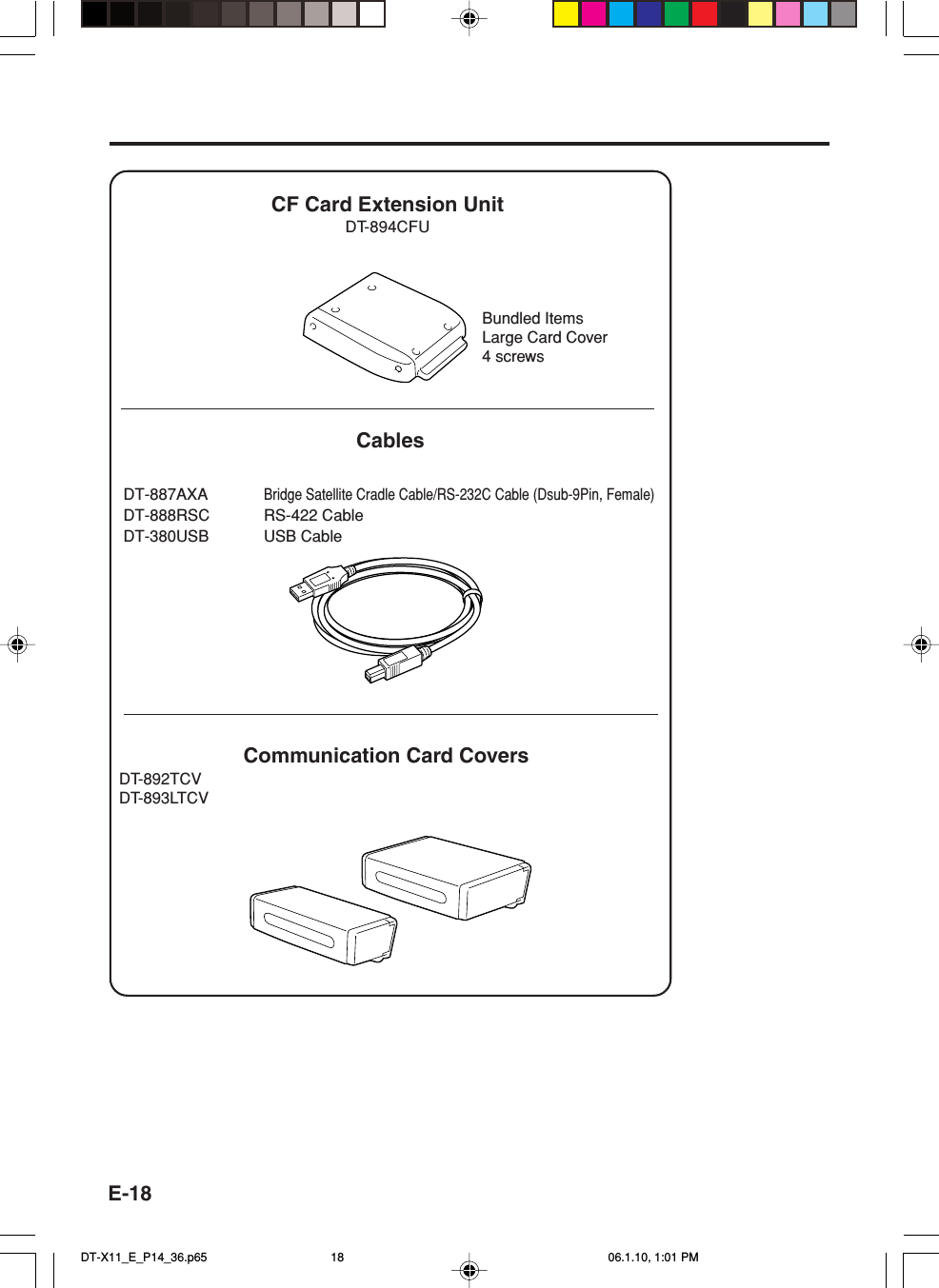 E-18CablesBridge Satellite Cradle Cable/RS-232C Cable (Dsub-9Pin, Female)RS-422 CableUSB CableDT-887AXADT-888RSCDT-380USBCF Card Extension UnitDT-894CFUBundled ItemsLarge Card Cover4 screwsCommunication Card CoversDT-892TCVDT-893LTCVDT-X11_E_P14_36.p65 06.1.10, 1:01 PM18