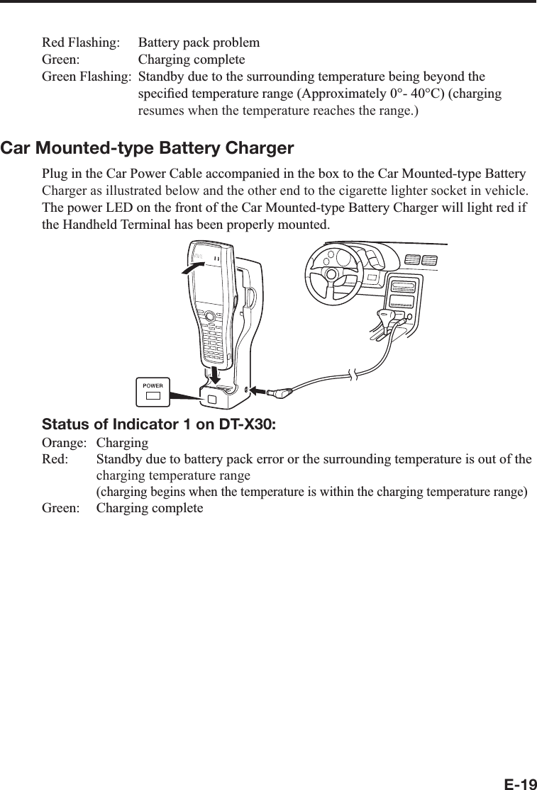 E-195HG)ODVKLQJ %DWWHU\SDFNSUREOHP*UHHQ &amp;KDUJLQJFRPSOHWH*UHHQ)ODVKLQJ6WDQGE\GXHWRWKHVXUURXQGLQJWHPSHUDWXUHEHLQJEH\RQGWKHVSHFL¿HGWHPSHUDWXUHUDQJH$SSUR[LPDWHO\&amp;FKDUJLQJresumes when the temperature reaches the range.)Car Mounted-type Battery Charger3OXJLQWKH&amp;DU3RZHU&amp;DEOHDFFRPSDQLHGLQWKHER[WRWKH&amp;DU0RXQWHGW\SH%DWWHU\Charger as illustrated below and the other end to the cigarette lighter socket in vehicle.7KHSRZHU/(&apos;RQWKHIURQWRIWKH&amp;DU0RXQWHGW\SH%DWWHU\&amp;KDUJHUZLOOOLJKWUHGLIWKH+DQGKHOG7HUPLQDOKDVEHHQSURSHUO\PRXQWHGStatus of Indicator 1 on DT-X30:2UDQJH &amp;KDUJLQJ5HG 6WDQGE\GXHWREDWWHU\SDFNHUURURUWKHVXUURXQGLQJWHPSHUDWXUHLVRXWRIWKHcharging temperature rangeFKDUJLQJEHJLQVZKHQWKHWHPSHUDWXUHLVZLWKLQWKHFKDUJLQJWHPSHUDWXUHUDQJH*UHHQ &amp;KDUJLQJFRPSOHWH