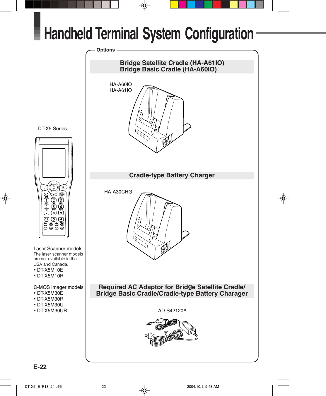 E-22Handheld Terminal System ConfigurationOptionsDT-X5 SeriesHA-A60IOHA-A61IOBridge Satellite Cradle (HA-A61IO)Bridge Basic Cradle (HA-A60IO)Cradle-type Battery ChargerHA-A30CHGLaser Scanner modelsThe laser scanner modelsare not available in theUSA and Canada.•DT-X5M10E•DT-X5M10RC-MOS Imager models•DT-X5M30E•DT-X5M30R•DT-X5M30U•DT-X5M30UR AD-S42120ARequired AC Adaptor for Bridge Satellite Cradle/Bridge Basic Cradle/Cradle-type Battery CharagerDT-X5_E_P18_24.p65 2004.10.1, 9:48 AM22