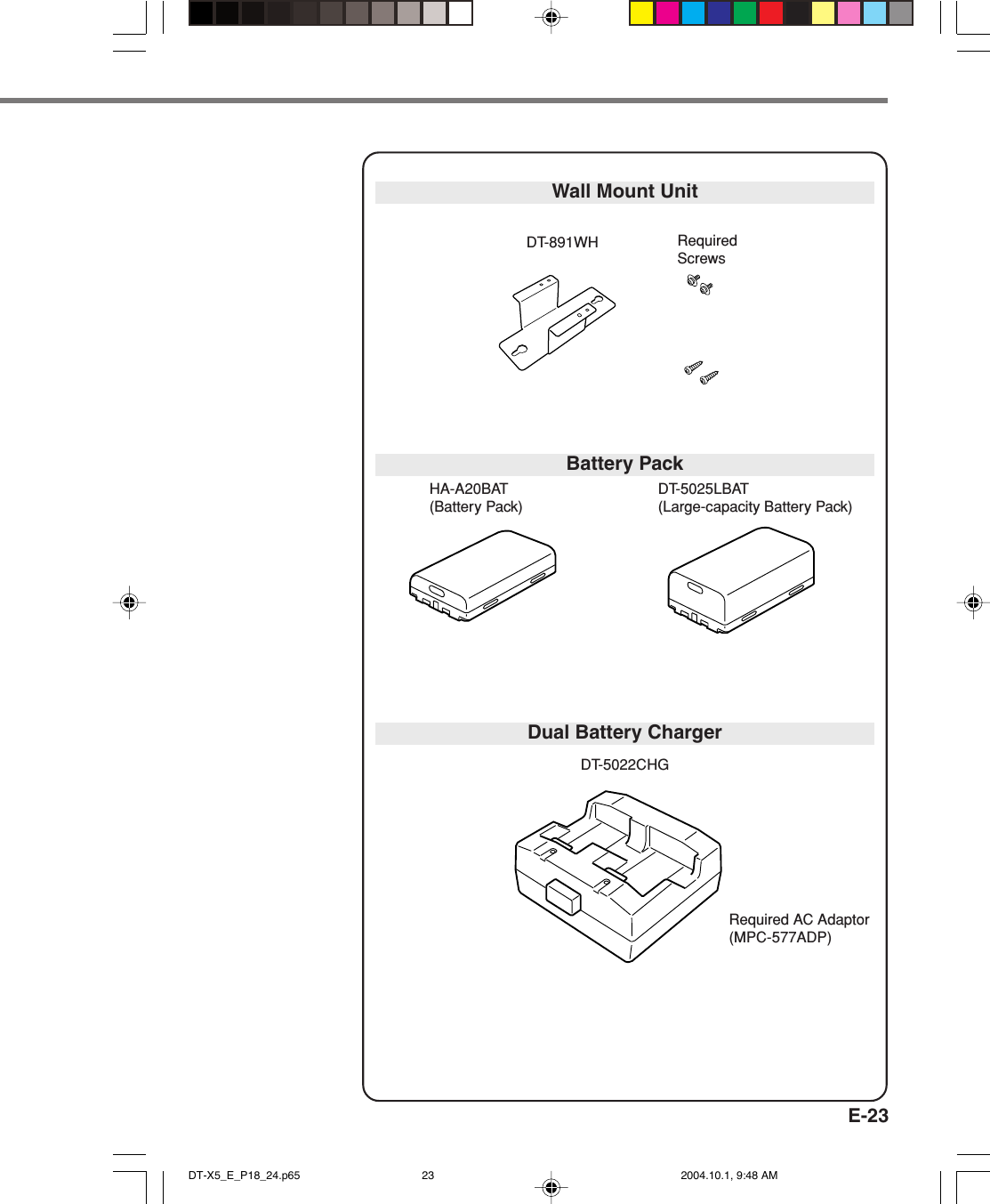 E-23HA-A20BAT(Battery Pack)DT-5025LBAT(Large-capacity Battery Pack)Battery PackDT-891WH RequiredScrewsWall Mount UnitDual Battery ChargerDT-5022CHGRequired AC Adaptor(MPC-577ADP)DT-X5_E_P18_24.p65 2004.10.1, 9:48 AM23