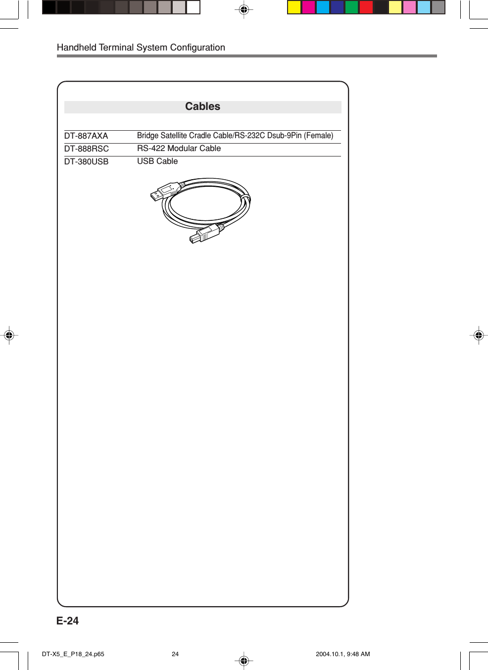 E-24CablesDT-887AXADT-888RSCDT-380USBBridge Satellite Cradle Cable/RS-232C Dsub-9Pin (Female)RS-422 Modular CableUSB CableHandheld Terminal System ConfigurationDT-X5_E_P18_24.p65 2004.10.1, 9:48 AM24