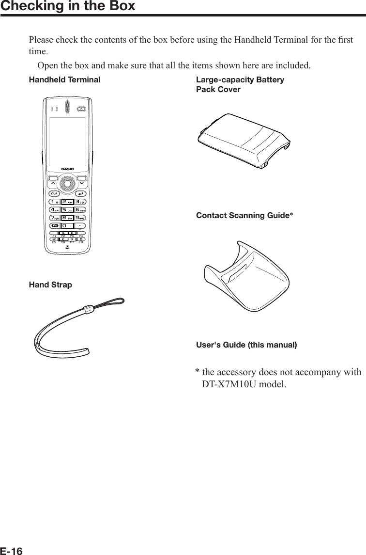 E-16Checking in the BoxPlease check the contents of the box before using the Handheld Terminal for the ﬁ rst time.  Open the box and make sure that all the items shown here are included.User&apos;s Guide (this manual) Large-capacity Battery Pack CoverHand StrapHandheld TerminalContact Scanning Guide** the accessory does not accompany with DT-X7M10U model.