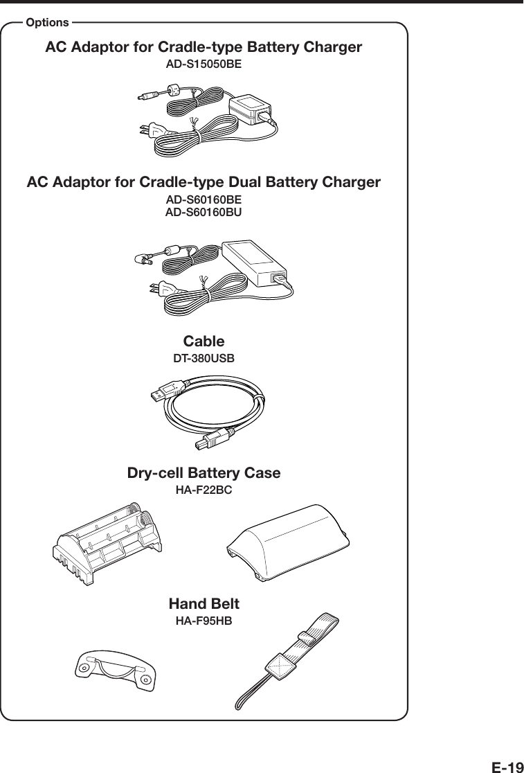 E-19CableDT-380USBAC Adaptor for Cradle-type Battery ChargerAD-S15050BEDry-cell Battery CaseHA-F22BCOptionsAC Adaptor for Cradle-type Dual Battery ChargerAD-S60160BEAD-S60160BUHand BeltHA-F95HB