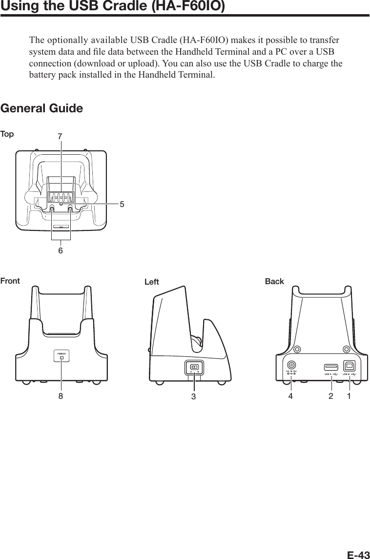 E-43Using the USB Cradle (HA-F60IO)The optionally available USB Cradle (HA-F60IO) makes it possible to transfer system data and ﬁ le data between the Handheld Terminal and a PC over a USB connection (download or upload). You can also use the USB Cradle to charge the battery pack installed in the Handheld Terminal.General GuideTop 756Front8Left3Back4 2 1