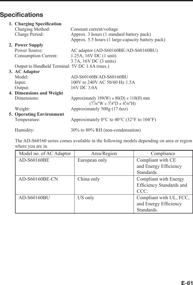 E-61Speciﬁ cations1. Charging Speciﬁ cationCharging Method:   Constant current/voltage Charge Period:   Approx. 3 hours (1 standard battery pack)  Approx. 5.5 hours (1 large-capacity battery pack)2. Power Supply  Power Source:  AC adaptor (AD-S60160BE/AD-S60160BU)  Consumption Current:  1.25A, 16V DC (1 unit)    3.7A, 16V DC (3 units)   Output to Handheld Terminal: 5V DC 1.6A (max.) 3. AC Adaptor Model:  AD-S60160B/AD-S60160BU  Input:  100V to 240V AC 50/60 Hz 1.5A  Output:  16V DC 3.0A4. Dimensions and WeightDimensions: Approximately 189(W) u 80(D) u 110(H) mm(7e&quot;W u 3e&quot;D u 4e&quot;H)  Weight:  Approximately 500g (17.6oz)5. Operating EnvironmentTemperature:   Approximately 0°C to 40°C (32°F to 104°F)  Humidity:  30% to 80% RH (non-condensation)The AD-S60160 series comes available in the following models depending on area or region where you are in.Model no. of AC Adaptor Area/Region ComplianceAD-S60160BE European only Compliant with CE and Energy Efﬁ ciency Standards.AD-S60160BE-CN China only Compliant with Energy Efﬁ ciency Standards and CCC.AD-S60160BU US only Compliant with UL, FCC, and Energy Efﬁ ciency Standards.
