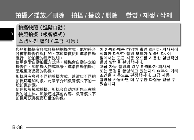 B-38B拍攝快照（進階自動）快照拍摄（极智模式）스냅사진 촬영 ( 고급 자동 )相机具有多种不同的拍摄方式，以适应不同的拍摄环境和对象。此章节介绍极智模式下的一般拍摄步骤。使用极智模式拍摄，相机会自动判断您正在拍摄的是主体、风景还是其他内容。极智模式下拍摄可获得更高质量的影像。이 카메라에는 다양한 촬영 조건과 피사체에 적합한 다양한 촬영 모드가 있습니다. 이 절에서는 고급 자동 모드를 사용한 일반적인 촬영 방법을 설명합니다.고급 자동 촬영의 경우 카메라가 피사체 또는 풍경을 촬영하고 있는지의 여부와 기타 조건을 자동으로 결정합니다. 고급 자동 촬영을 사용하면 더 우수한 화질을 얻을 수 있습니다.拍攝播放刪除 拍摄/播放/删除 촬영/재생/삭제