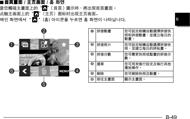 B-49B..  首頁畫面首頁畫面 /  / 主页画面主页画面 / 홈 화면 / 홈 화면 点触主画面上的“ ”（主页）图标时出现主页画面。메인 화면에서 “ ” (홈) 아이콘을 누르면 홈 화면이 나타납니다.1 2 3 4 5 6 614523