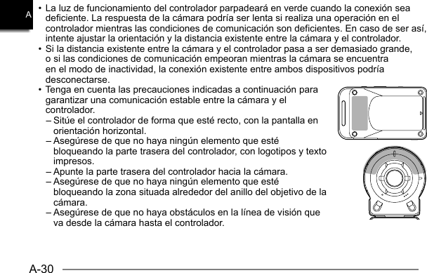 A-30A• La luz de funcionamiento del controlador parpadeará en verde cuando la conexión sea deficiente. La respuesta de la cámara podría ser lenta si realiza una operación en el controlador mientras las condiciones de comunicación son deficientes. En caso de ser así, intente ajustar la orientación y la distancia existente entre la cámara y el controlador.• Si la distancia existente entre la cámara y el controlador pasa a ser demasiado grande, o si las condiciones de comunicación empeoran mientras la cámara se encuentra en el modo de inactividad, la conexión existente entre ambos dispositivos podría desconectarse.• Tenga en cuenta las precauciones indicadas a continuación para garantizar una comunicación estable entre la cámara y el controlador.– Sitúe el controlador de forma que esté recto, con la pantalla en orientación horizontal.– Asegúrese de que no haya ningún elemento que esté bloqueando la parte trasera del controlador, con logotipos y texto impresos.– Apunte la parte trasera del controlador hacia la cámara.– Asegúrese de que no haya ningún elemento que esté bloqueando la zona situada alrededor del anillo del objetivo de la cámara.– Asegúrese de que no haya obstáculos en la línea de visión que va desde la cámara hasta el controlador.