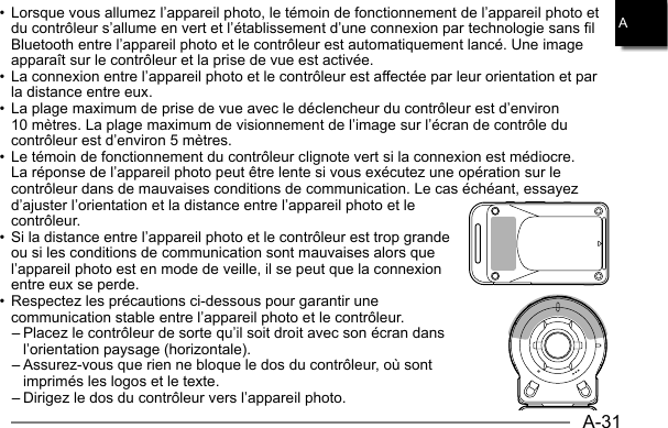 A-31A• Lorsque vous allumez l’appareil photo, le témoin de fonctionnement de l’appareil photo et du contrôleur s’allume en vert et l’établissement d’une connexion par technologie sans fil Bluetooth entre l’appareil photo et le contrôleur est automatiquement lancé. Une image apparaît sur le contrôleur et la prise de vue est activée.• La connexion entre l’appareil photo et le contrôleur est affectée par leur orientation et par la distance entre eux.• La plage maximum de prise de vue avec le déclencheur du contrôleur est d’environ 10 mètres. La plage maximum de visionnement de l’image sur l’écran de contrôle du contrôleur est d’environ 5 mètres.• Le témoin de fonctionnement du contrôleur clignote vert si la connexion est médiocre. La réponse de l’appareil photo peut être lente si vous exécutez une opération sur le contrôleur dans de mauvaises conditions de communication. Le cas échéant, essayez d’ajuster l’orientation et la distance entre l’appareil photo et le contrôleur.• Si la distance entre l’appareil photo et le contrôleur est trop grande ou si les conditions de communication sont mauvaises alors que l’appareil photo est en mode de veille, il se peut que la connexion entre eux se perde.• Respectez les précautions ci-dessous pour garantir une communication stable entre l’appareil photo et le contrôleur.– Placez le contrôleur de sorte qu’il soit droit avec son écran dans l’orientation paysage (horizontale).– Assurez-vous que rien ne bloque le dos du contrôleur, où sont imprimés les logos et le texte.– Dirigez le dos du contrôleur vers l’appareil photo.