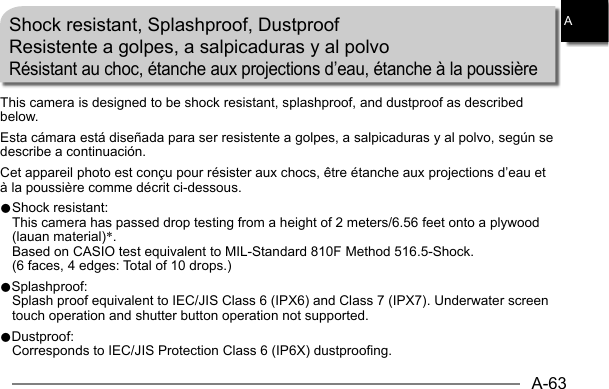 A-63AShock resistant, Splashproof, DustproofResistente a golpes, a salpicaduras y al polvoRésistant au choc, étanche aux projections d’eau, étanche à la poussièreThis camera is designed to be shock resistant, splashproof, and dustproof as described below.Esta cámara está diseñada para ser resistente a golpes, a salpicaduras y al polvo, según se describe a continuación.Cet appareil photo est conçu pour résister aux chocs, être étanche aux projections d’eau et à la poussière comme décrit ci-dessous.0 Shock resistant:  This camera has passed drop testing from a height of 2 meters/6.56 feet onto a plywood (lauan material)*.  Based on CASIO test equivalent to MIL-Standard 810F Method 516.5-Shock.(6 faces, 4 edges: Total of 10 drops.)0Splashproof:  Splash proof equivalent to IEC/JIS Class 6 (IPX6) and Class 7 (IPX7). Underwater screen touch operation and shutter button operation not supported.0Dustproof:  Corresponds to IEC/JIS Protection Class 6 (IP6X) dustproofing.