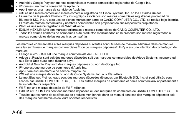 A-68A•  Android y Google Play son marcas comerciales o marcas comerciales registradas de Google Inc.•  iPhone es una marca comercial de Apple Inc.•  App Store es una marca de servicio de Apple Inc.•  iOS es una marca comercial o marca comercial registrada de Cisco Systems, Inc. en los Estados Unidos.•  La marca de la palabra Bluetooth® y los logotipos asociados son marcas comerciales registradas propiedad de Bluetooth SIG, Inc., y todo uso de dichas marcas por parte de CASIO COMPUTER CO., LTD. se realiza bajo licencia. El resto de marcas comerciales y nombres comerciales son propiedad de sus respectivos propietarios.•  Wi-Fi es una marca registrada de Wi-Fi Alliance.•  EXILIM y EXILIM Link son marcas registradas o marcas comerciales de CASIO COMPUTER CO., LTD.•  Todos los demás nombres de compañías o de productos mencionados en la presente son marcas registradas o marcas comerciales de las respectivas compañías.Les marques commerciales et les marques déposées suivantes sont utilisées de manière éditoriale dans ce manuel sans les symboles de marques commerciales™ ou de marques déposées®. Il n’y a aucune intention de contrefaçon de marques.•  Le logo microSDXC est une marque commerciale de SD-3C, LLC.•  Adobe et Reader sont soit des marques déposées soit des marques commerciales de Adobe Systems Incorporated aux États-Unis et/ou dans d’autres pays.•  Android et Google Play sont des marques déposées ou non de Google Inc.•  iPhone est une marque de commerce d’Apple Inc.•  App Store est une marque de service d’Apple Inc.•  iOS est une marque déposée ou non de Cisco Systems, Inc. aux États-Unis.•  Le mot Bluetooth® et les logos sont des marques déposées détenues par Bluetooth SIG, Inc. et sont utilisés sous licence par CASIO COMPUTER CO., LTD.. Les autres marques de commerce et noms commerciaux appartiennent à leurs détenteurs respectifs.•  Wi-Fi est une marque déposée de Wi-Fi Alliance.•  EXILIM et EXILIM Link sont des marques déposées ou des marques de commerce de CASIO COMPUTER CO., LTD.•  Tous les autres noms de sociétés ou de produits mentionnés dans ce manuel sont soit des marques déposées soit des marques commerciales de leurs sociétés respectives.