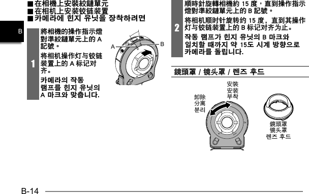 B-14B.. 在相機上安裝絞鏈單元 在相機上安裝絞鏈單元.. 在相机上安装铰链装置 在相机上安装铰链装置.. 카메라에 힌지 유닛을 장착하려면 카메라에 힌지 유닛을 장착하려면1將相機的操作指示燈對準絞鏈單元上的 A記號。将相机操作灯与铰链装置上的 A 标记对齐。카메라의 작동 램프를 힌지 유닛의 A 마크와 맞춥니다. AB2順時針旋轉相機約 15 度，直到操作指示燈對準絞鏈單元上的 B 記號。将相机顺时针旋转约 15 度，直到其操作灯与铰链装置上的 B 标记对齐为止。작동 램프가 힌지 유닛의 B 마크와 일치할 때까지 약 15도 시계 방향으로 카메라를 돌립니다. 鏡頭罩 / 镜头罩 / 렌즈 후드安装부착分离분리镜头罩렌즈 후드