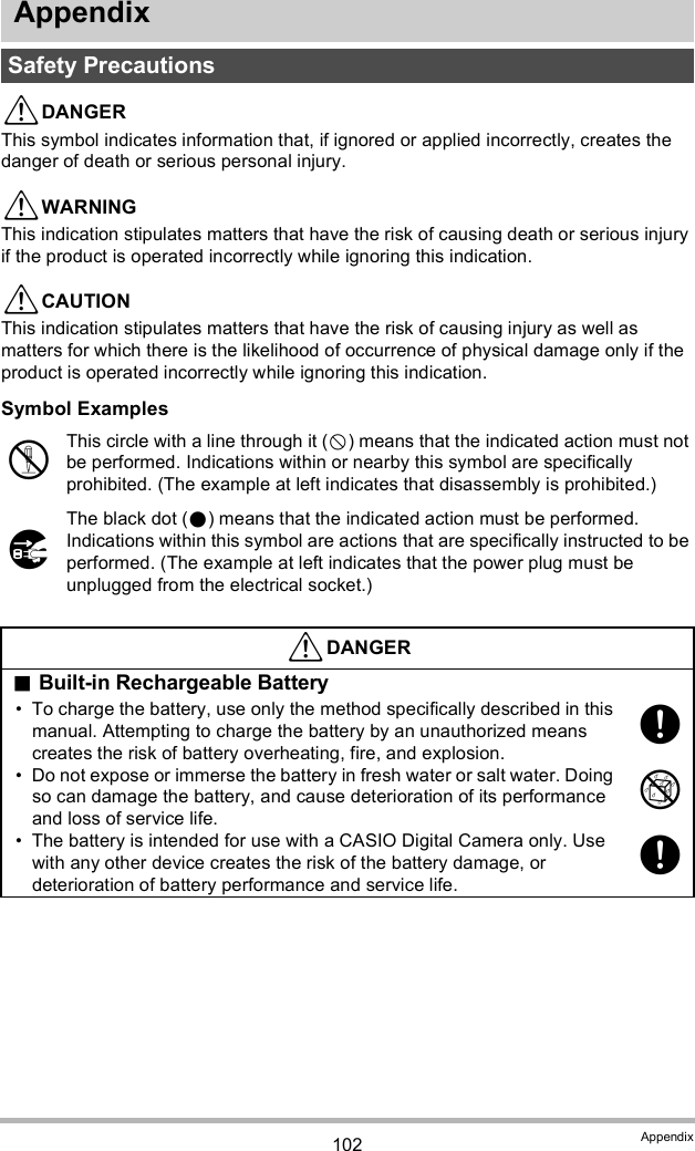 102 AppendixAppendixDANGERThis symbol indicates information that, if ignored or applied incorrectly, creates the danger of death or serious personal injury.WARNINGThis indication stipulates matters that have the risk of causing death or serious injury if the product is operated incorrectly while ignoring this indication.CAUTIONThis indication stipulates matters that have the risk of causing injury as well as matters for which there is the likelihood of occurrence of physical damage only if the product is operated incorrectly while ignoring this indication.Symbol ExamplesSafety PrecautionsThis circle with a line through it () means that the indicated action must not be performed. Indications within or nearby this symbol are specifically prohibited. (The example at left indicates that disassembly is prohibited.)The black dot () means that the indicated action must be performed. Indications within this symbol are actions that are specifically instructed to be performed. (The example at left indicates that the power plug must be unplugged from the electrical socket.)DANGERBuilt-in Rechargeable Battery To charge the battery, use only the method specifically described in this manual. Attempting to charge the battery by an unauthorized means creates the risk of battery overheating, fire, and explosion. Do not expose or immerse the battery in fresh water or salt water. Doing so can damage the battery, and cause deterioration of its performance and loss of service life. The battery is intended for use with a CASIO Digital Camera only. Use with any other device creates the risk of the battery damage, or deterioration of battery performance and service life.