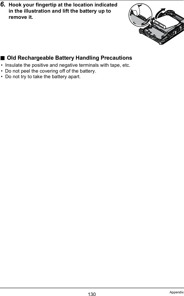 130 Appendix6. Hook your fingertip at the location indicated in the illustration and lift the battery up to remove it.Old Rechargeable Battery Handling Precautions Insulate the positive and negative terminals with tape, etc. Do not peel the covering off of the battery. Do not try to take the battery apart.