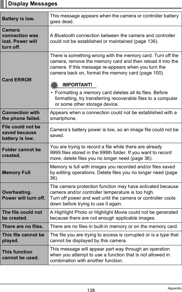 138 AppendixDisplay MessagesBattery is low. This message appears when the camera or controller battery goes dead.Camera connection was lost. Power will turn off.A Bluetooth connection between the camera and controller could not be established or maintained (page 136).Card ERRORThere is something wrong with the memory card. Turn off the camera, remove the memory card and then reload it into the camera. If this message re-appears when you turn the camera back on, format the memory card (page 100). Formatting a memory card deletes all its files. Before formatting, try transferring recoverable files to a computer or some other storage device.Connection with the phone failed.Appears when a connection could not be established with a smartphone.File could not be saved because battery is low.Cameras battery power is low, so an image file could not be saved.Folder cannot be created.You are trying to record a file while there are already 9999 files stored in the 999th folder. If you want to record more, delete files you no longer need (page 36).Memory FullMemory is full with images you recorded and/or files saved by editing operations. Delete files you no longer need (page 36).Overheating. Power will turn off.The camera protection function may have activated because camera and/or controller temperature is too high.Turn off power and wait until the camera or controller cools down before trying to use it again.The file could not be created.A Highlight Photo or Highlight Movie could not be generated because there are not enough applicable images.There are no files. There are no files in built-in memory or on the memory card.This file cannot be played.The file you are trying to access is corrupted or is a type that cannot be displayed by this camera.This function cannot be used.This message will appear part way through an operation when you attempt to use a function that is not allowed in combination with another function.