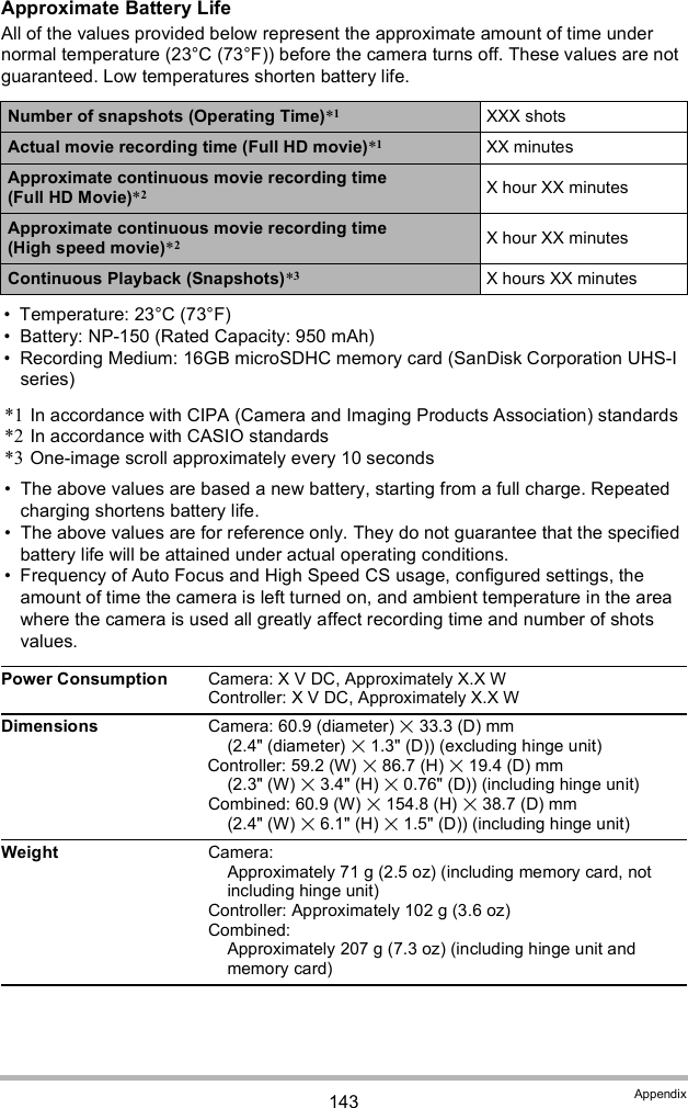 143 AppendixApproximate Battery LifeAll of the values provided below represent the approximate amount of time under normal temperature (23°C (73°F)) before the camera turns off. These values are not guaranteed. Low temperatures shorten battery life. Temperature: 23°C (73°F) Battery: NP-150 (Rated Capacity: 950 mAh) Recording Medium: 16GB microSDHC memory card (SanDisk Corporation UHS-I series)*1 In accordance with CIPA (Camera and Imaging Products Association) standards*2 In accordance with CASIO standards*3 One-image scroll approximately every 10 seconds The above values are based a new battery, starting from a full charge. Repeated charging shortens battery life. The above values are for reference only. They do not guarantee that the specified battery life will be attained under actual operating conditions. Frequency of Auto Focus and High Speed CS usage, configured settings, the amount of time the camera is left turned on, and ambient temperature in the area where the camera is used all greatly affect recording time and number of shots values.Number of snapshots (Operating Time)*1XXX shotsActual movie recording time (Full HD movie)*1XX minutesApproximate continuous movie recording time (Full HD Movie)*2X hour XX minutesApproximate continuous movie recording time (High speed movie)*2X hour XX minutesContinuous Playback (Snapshots)*3X hours XX minutesPower Consumption Camera: X V DC, Approximately X.X WController: X V DC, Approximately X.X WDimensions Camera: 60.9 (diameter)  33.3 (D) mm (2.4&quot; (diameter)  1.3&quot; (D)) (excluding hinge unit)Controller: 59.2 (W)  86.7 (H)  19.4 (D) mm (2.3&quot; (W)  3.4&quot; (H)  0.76&quot; (D)) (including hinge unit)Combined: 60.9 (W)  154.8 (H)  38.7 (D) mm (2.4&quot; (W)  6.1&quot; (H)  1.5&quot; (D)) (including hinge unit)Weight Camera:Approximately 71 g (2.5 oz) (including memory card, not including hinge unit)Controller: Approximately 102 g (3.6 oz)Combined:Approximately 207 g (7.3 oz) (including hinge unit and memory card)