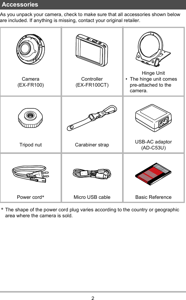 2As you unpack your camera, check to make sure that all accessories shown below are included. If anything is missing, contact your original retailer.*The shape of the power cord plug varies according to the country or geographic area where the camera is sold.AccessoriesCamera (EX-FR100)Controller (EX-FR100CT)Hinge Unit The hinge unit comes pre-attached to the camera.Tripod nut Carabiner strap USB-AC adaptor(AD-C53U)Power cord*Micro USB cable Basic Reference