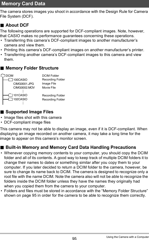 95 Using the Camera with a ComputerThe camera stores images you shoot in accordance with the Design Rule for Camera File System (DCF).About DCFThe following operations are supported for DCF-compliant images. Note, however, that CASIO makes no performance guarantees concerning these operations. Transferring this cameras DCF-compliant images to another manufacturers camera and view them. Printing this cameras DCF-compliant images on another manufacturers printer. Transferring another cameras DCF-compliant images to this camera and view them.Memory Folder StructureDCIM FolderRecording FolderImage FileMovie FileRecording FolderRecording FolderSupported Image Files Image files shot with this camera DCF-compliant image filesThis camera may not be able to display an image, even if it is DCF-compliant. When displaying an image recorded on another camera, it may take a long time for the image to appear on this cameras monitor screen.Built-in Memory and Memory Card Data Handling Precautions Whenever copying memory contents to your computer, you should copy the DCIM folder and all of its contents. A good way to keep track of multiple DCIM folders it to change their names to dates or something similar after you copy them to your computer. If you later decided to return a DCIM folder to the camera, however, be sure to change its name back to DCIM. The camera is designed to recognize only a root file with the name DCIM. Note the camera also will not be able to recognize the folders inside the DCIM folder unless they have the names they originally had when you copied them from the camera to your computer. Folders and files must be stored in accordance with the Memory Folder Structure shown on page 95 in order for the camera to be able to recognize them correctly.Memory Card Data