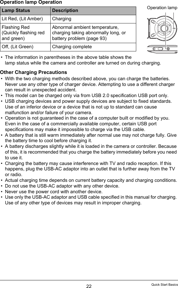 22 Quick Start BasicsOperation lamp Operation• The information in parentheses in the above table shows the lamp status while the camera and controller are turned on during charging.Other Charging Precautions• With the two charging methods described above, you can charge the batteries. Never use any other type of charger device. Attempting to use a different charger can result in unexpected accident.• This model can be charged only via from USB 2.0 specification USB port only.• USB charging devices and power supply devices are subject to fixed standards. Use of an inferior device or a device that is not up to standard can cause malfunction and/or failure of your camera.• Operation is not guaranteed in the case of a computer built or modified by you. Even in the case of a commercially available computer, certain USB port specifications may make it impossible to charge via the USB cable.• A battery that is still warm immediately after normal use may not charge fully. Give the battery time to cool before charging it.• A battery discharges slightly while it is loaded in the camera or controller. Because of this, it is recommended that you charge the battery immediately before you need to use it.• Charging the battery may cause interference with TV and radio reception. If this happens, plug the USB-AC adaptor into an outlet that is further away from the TV or radio.• Actual charging time depends on current battery capacity and charging conditions.• Do not use the USB-AC adaptor with any other device.• Never use the power cord with another device.• Use only the USB-AC adaptor and USB cable specified in this manual for charging. Use of any other type of devices may result in improper charging.Lamp Status DescriptionLit Red, (Lit Amber) ChargingFlashing Red(Quickly flashing red and green)Abnormal ambient temperature, charging taking abnormally long, or battery problem (page 93)Off, (Lit Green) Charging completeOperation lamp