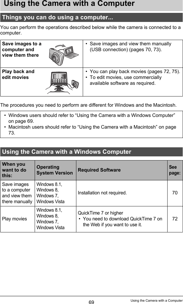 69 Using the Camera with a ComputerUsing the Camera with a ComputerYou can perform the operations described below while the camera is connected to a computer.The procedures you need to perform are different for Windows and the Macintosh.Things you can do using a computer...Save images to a computer and view them there• Save images and view them manually (USB connection) (pages 70, 73).Play back and edit movies• You can play back movies (pages 72, 75).• To edit movies, use commercially available software as required.• Windows users should refer to “Using the Camera with a Windows Computer” on page 69.• Macintosh users should refer to “Using the Camera with a Macintosh” on page 73.Using the Camera with a Windows ComputerWhen you want to do this:Operating System Version Required SoftwareSee page:Save images to a computer and view them there manuallyWindows 8.1,Windows 8, Windows 7, Windows VistaInstallation not required.70Play moviesWindows 8.1,Windows 8, Windows 7, Windows VistaQuickTime 7 or higher• You need to download QuickTime 7 on the Web if you want to use it.72